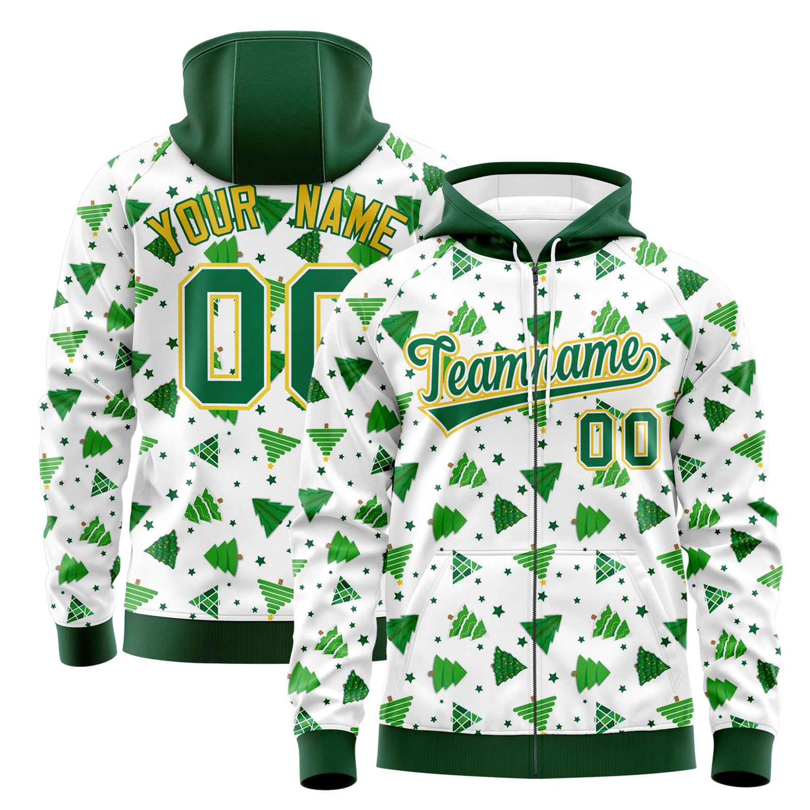 Custom White Kelly Green Christmas Graffiti Pattern Athletic Full-Zip Hoodie| KXKSHOP