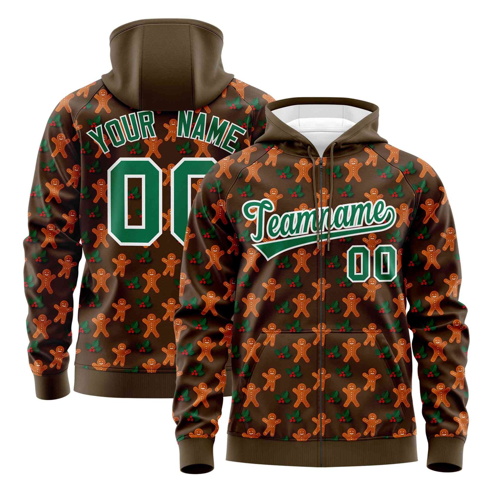 Custom Light Brown Kelly Green Christmas Graffiti Pattern Athletic Full-Zip Hoodie| KXKSHOP