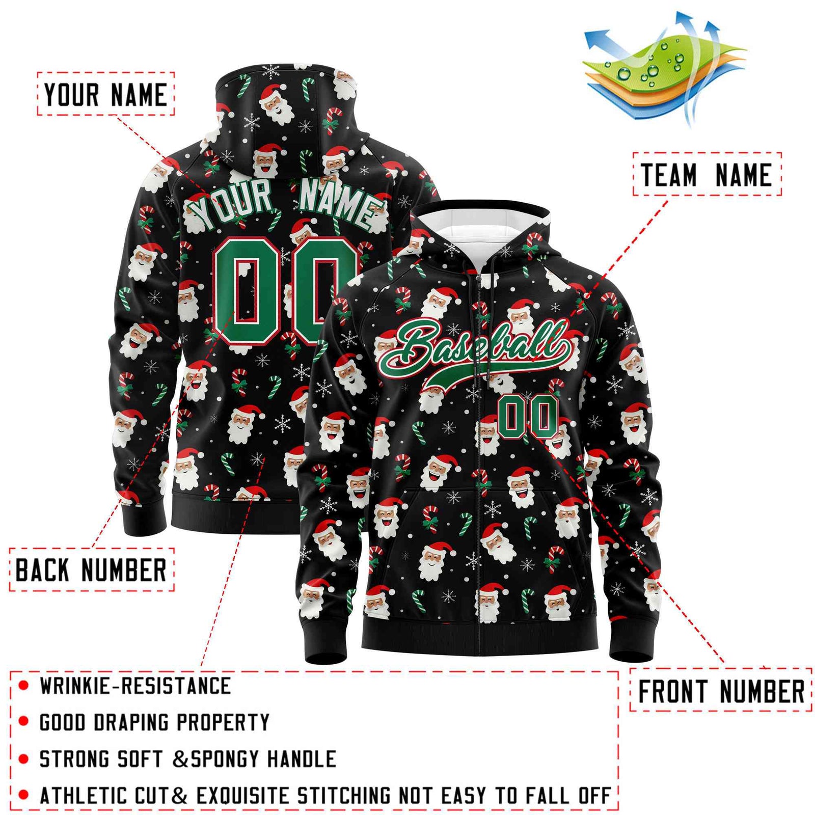 Custom Black Kelly Green Christmas Graffiti Pattern Athletic Full-Zip Hoodie