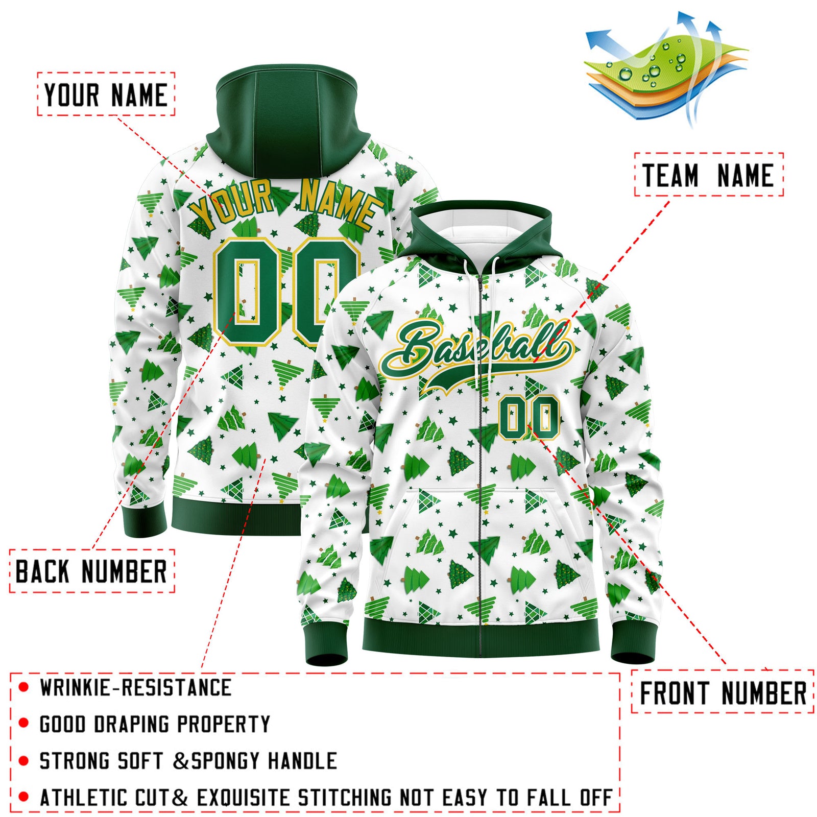Custom White Kelly Green Christmas Graffiti Pattern Athletic Full-Zip Hoodie
