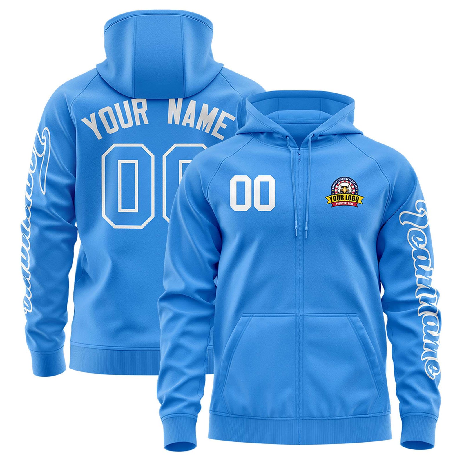 Custom Powder Blue White Varsity Full-Zip Letterman Classic Hoodie Jacket