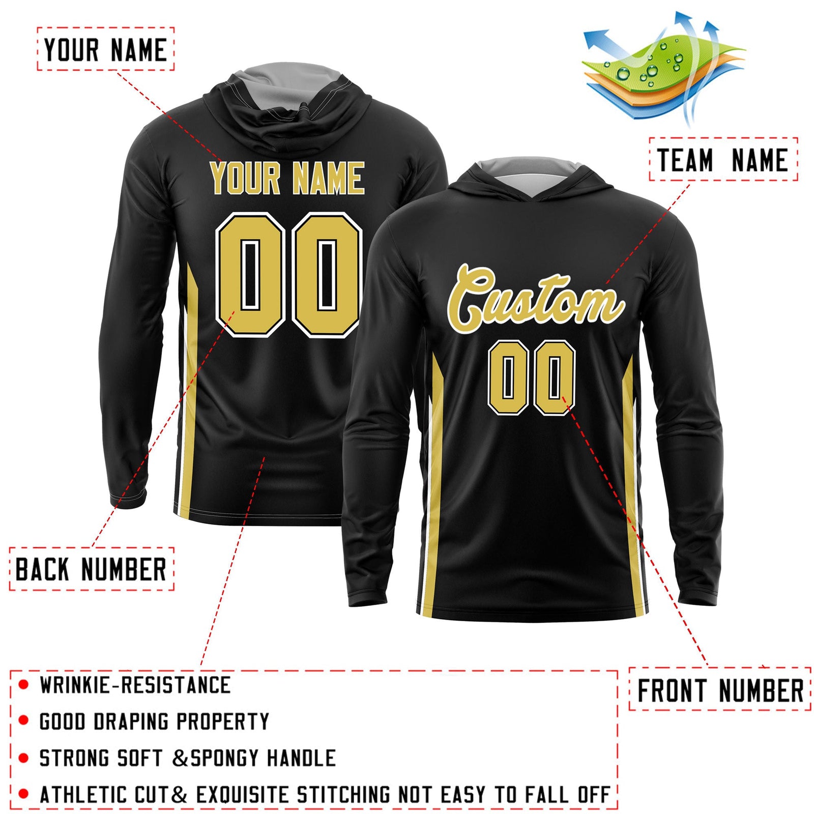 Custom Black Gold Basketball Shooting Shirt Performance Training Lightweight Hoodie| KXKSHOP