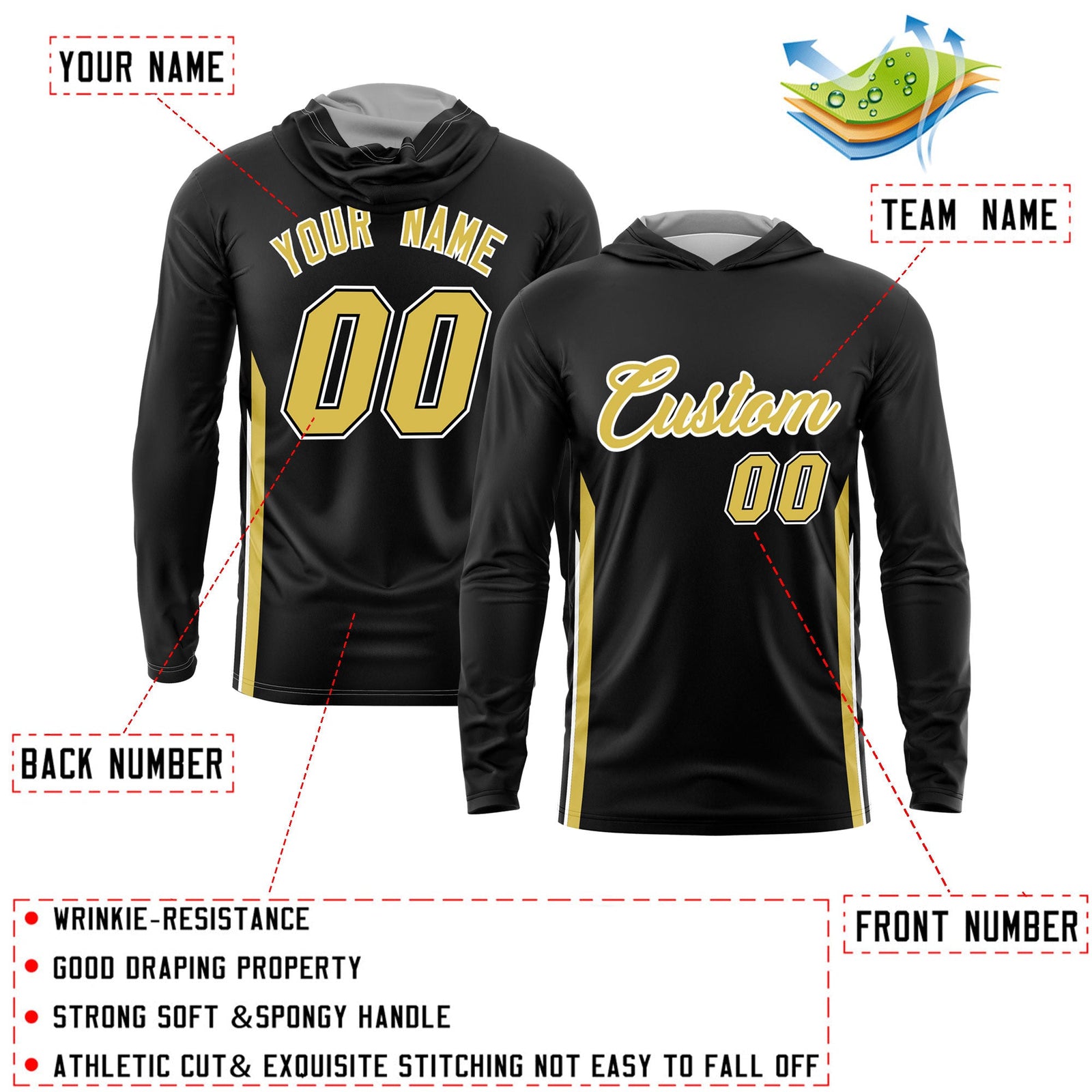Custom Black Gold Basketball Shooting Shirt Performance Training Lightweight Hoodie| KXKSHOP