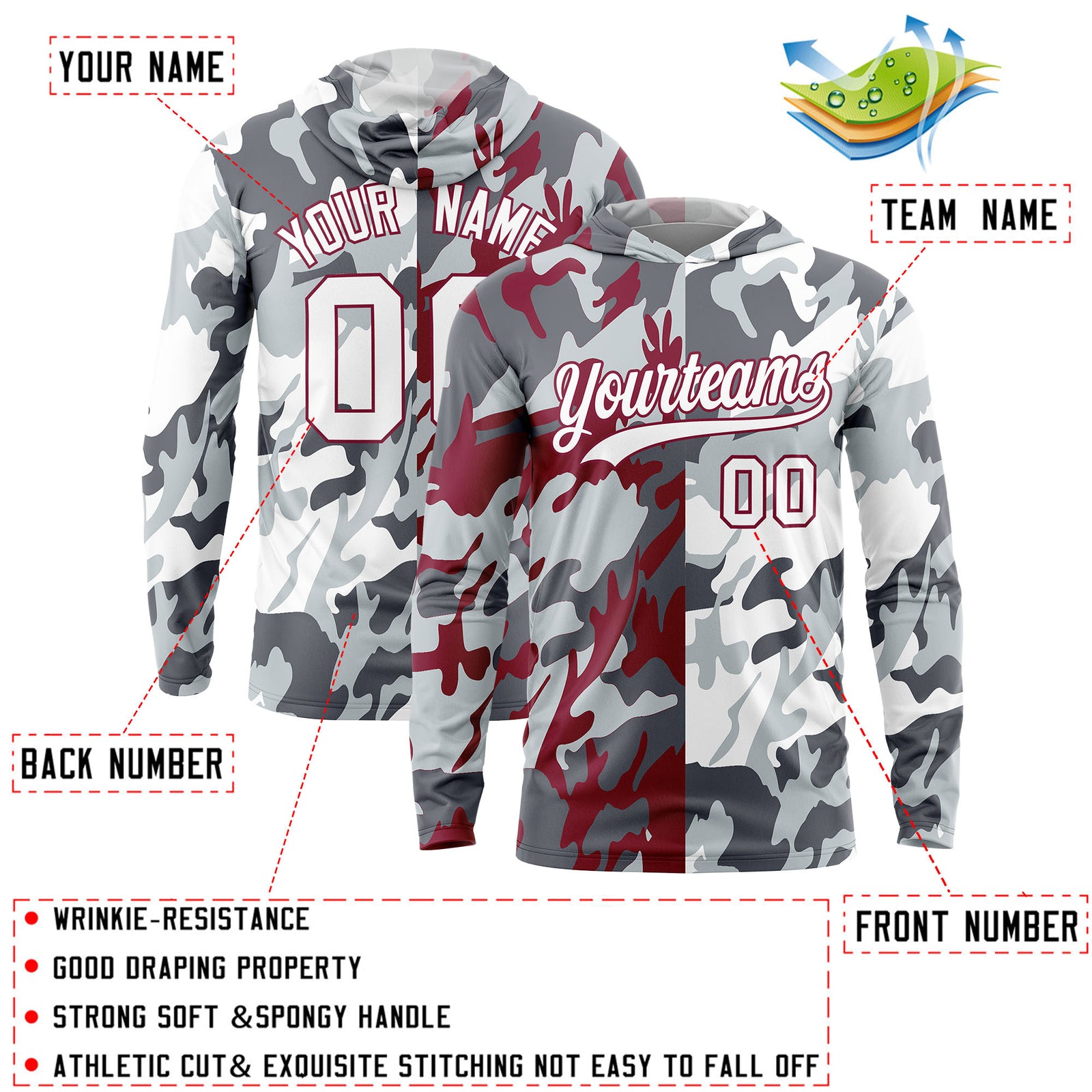 Custom Gray Crimson-Silver Personalized Camo Design Quick Dry Lightweight Hoodie