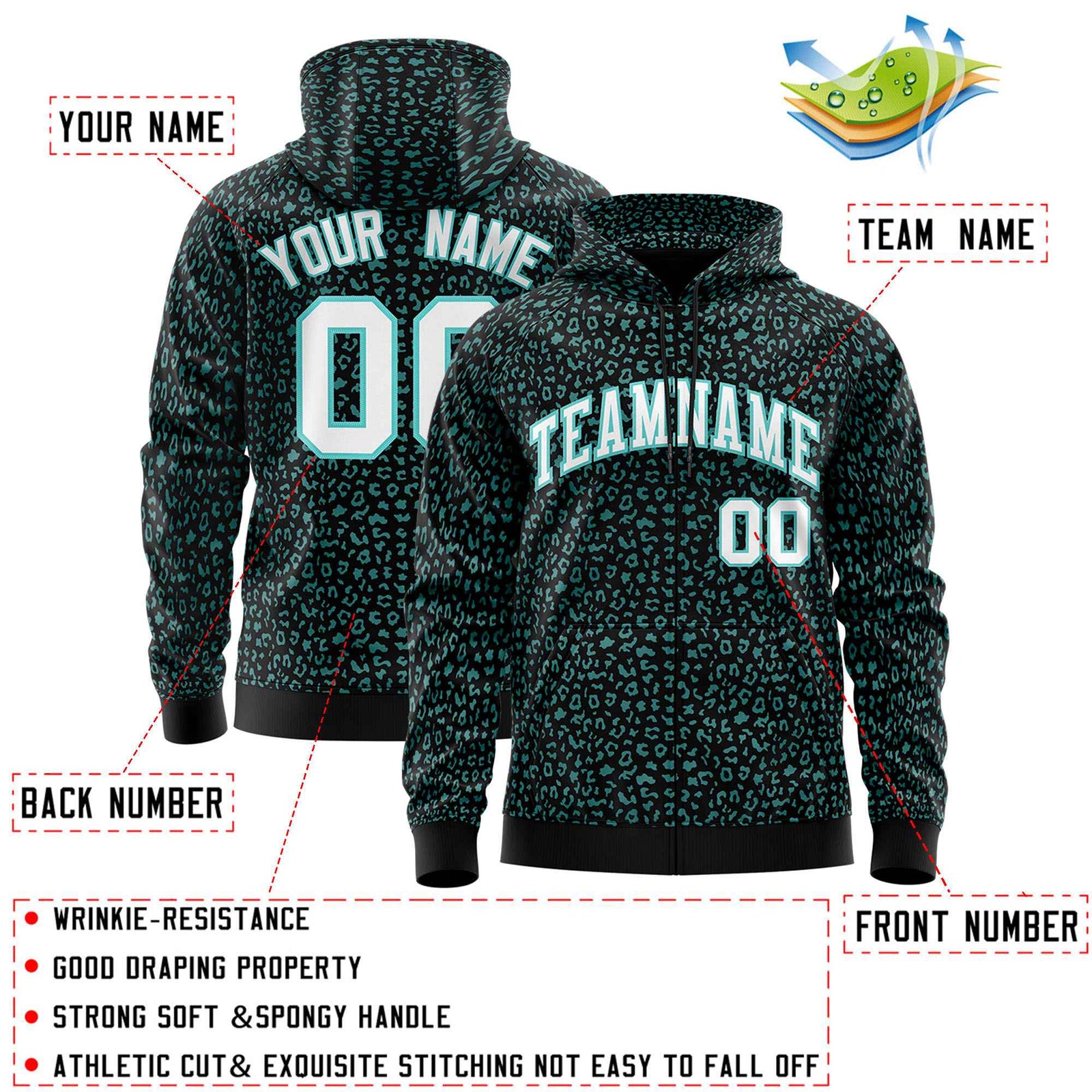 Custom Black Bright Green Varsity Full-Zip Letterman Leopard Print Hoodie Jacket
