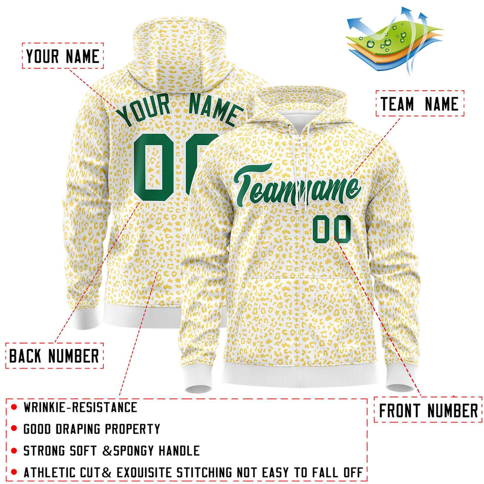Custom Neon Green Orange Varsity Full-Zip Letterman Leopard Print Hoodie Jacket