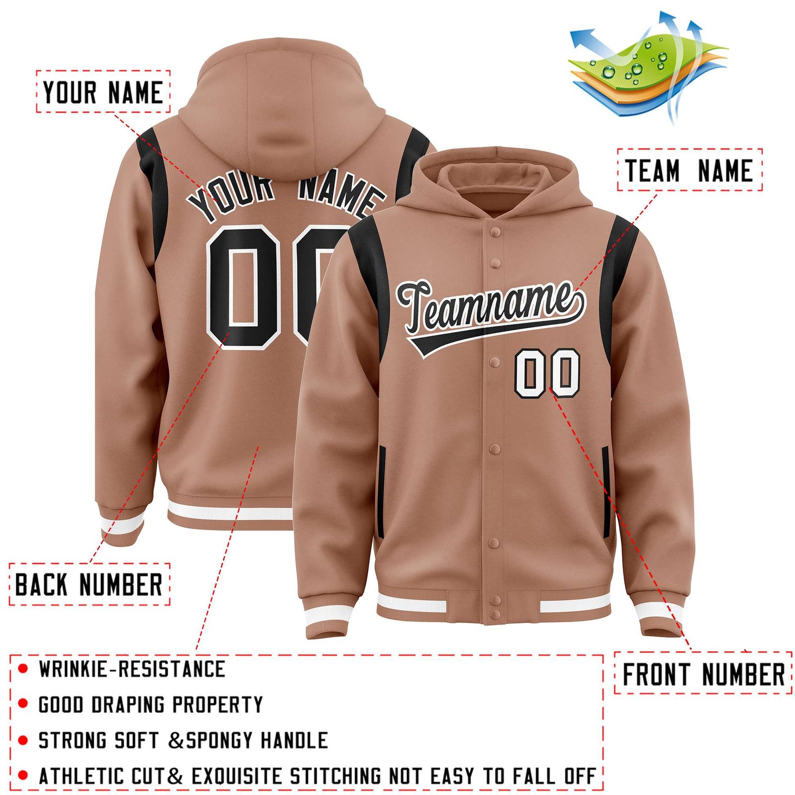 Custom Coffee Brown Black Varsity Full-Snap Letterman Shoulder Color Block Hoodie Jacket