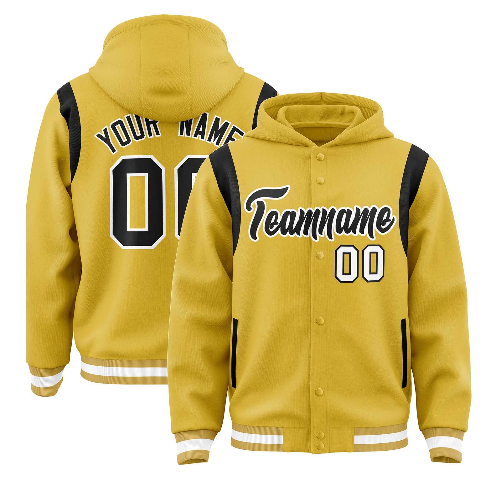 Custom Old Gold Black Varsity Full-Snap Letterman Shoulder Color Block Hoodie Jacket