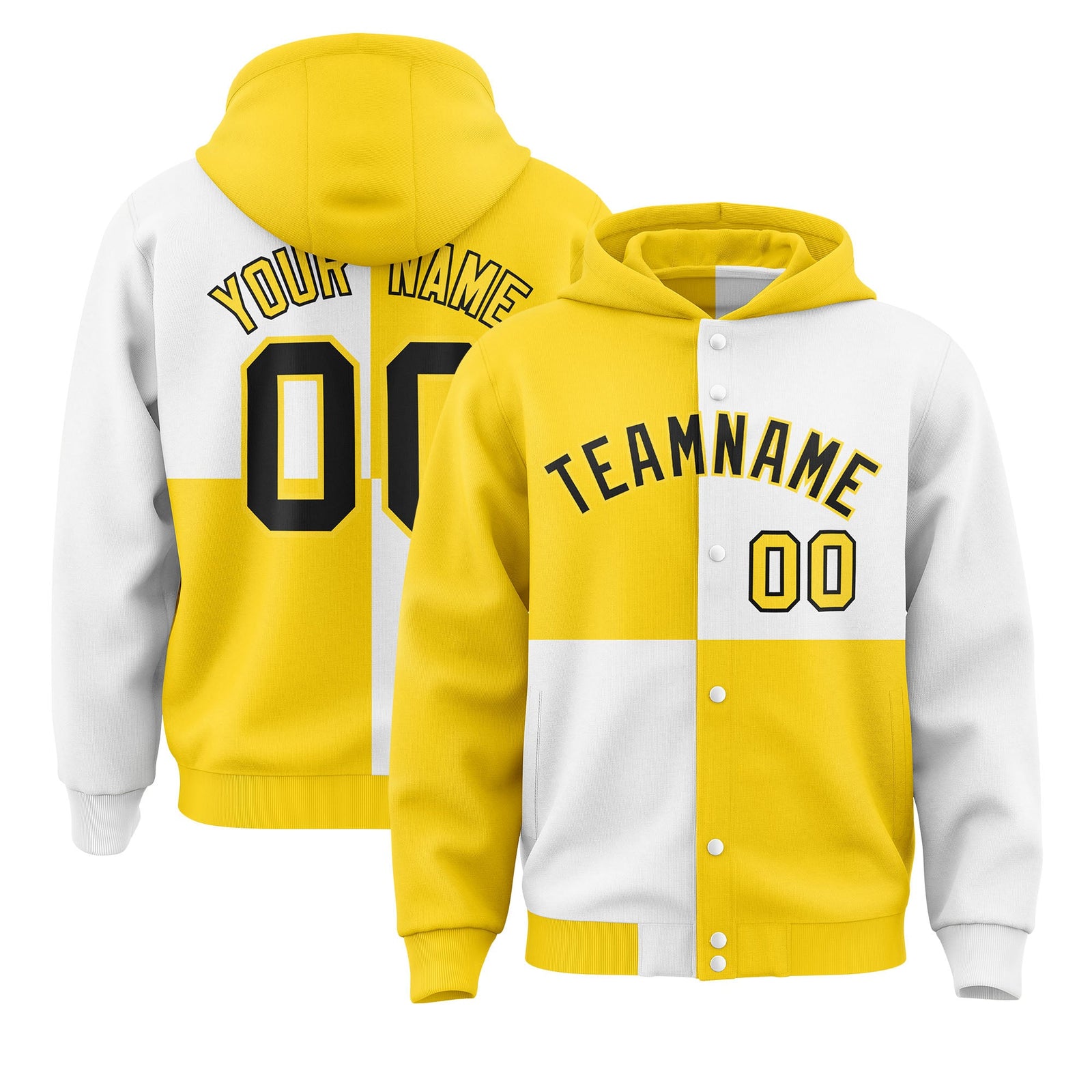 Custom Gold White Varsity Full-Snap Four Squares Color Block Letterman Hoodie Jacket
