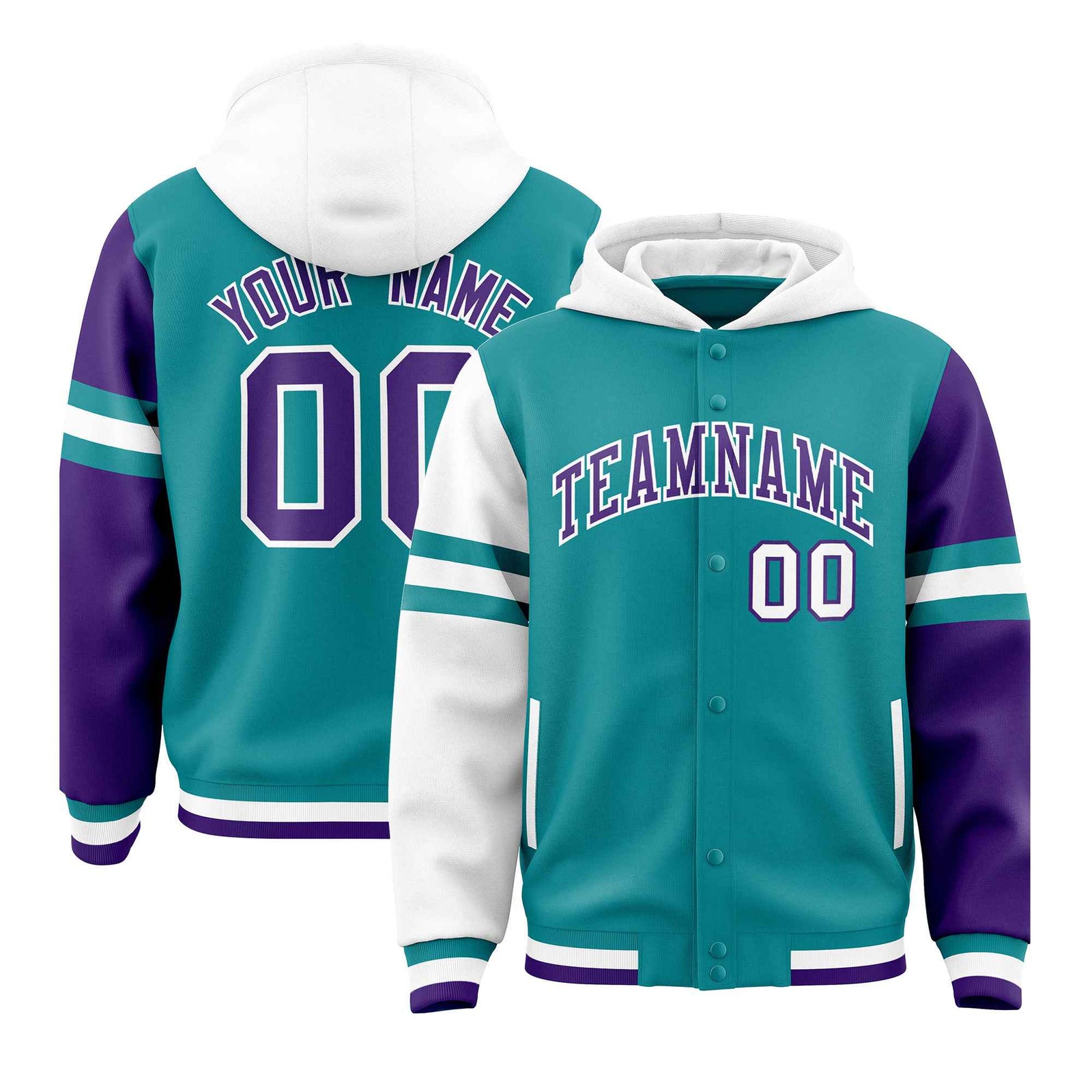 Custom Aqua White-Purple Raglan Sleeves Varsity Full-Snap Letterman Three Stripes Hoodie Jacket