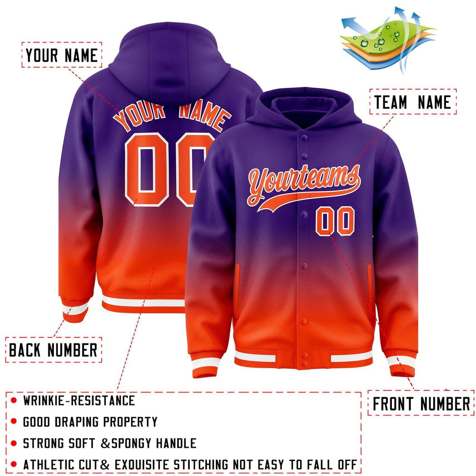 Custom Purple Orange Varsity Full-Snap Letterman Gradient Hoodie Jacket