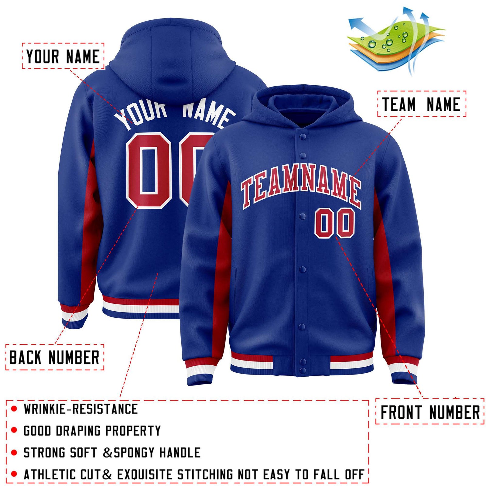 Custom Royal Red Color Block Varsity Full-Snap Letterman Hoodie Jacket