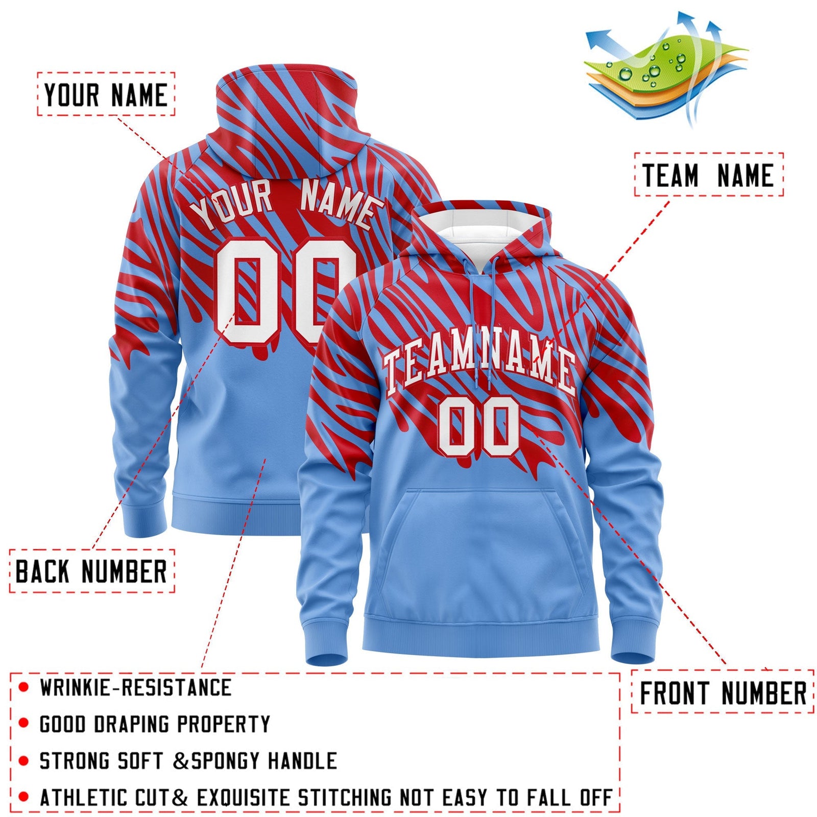 Custom Red Light Blue Leopard Print Pullover Sweatshirt Hoodie| KXKSHOP