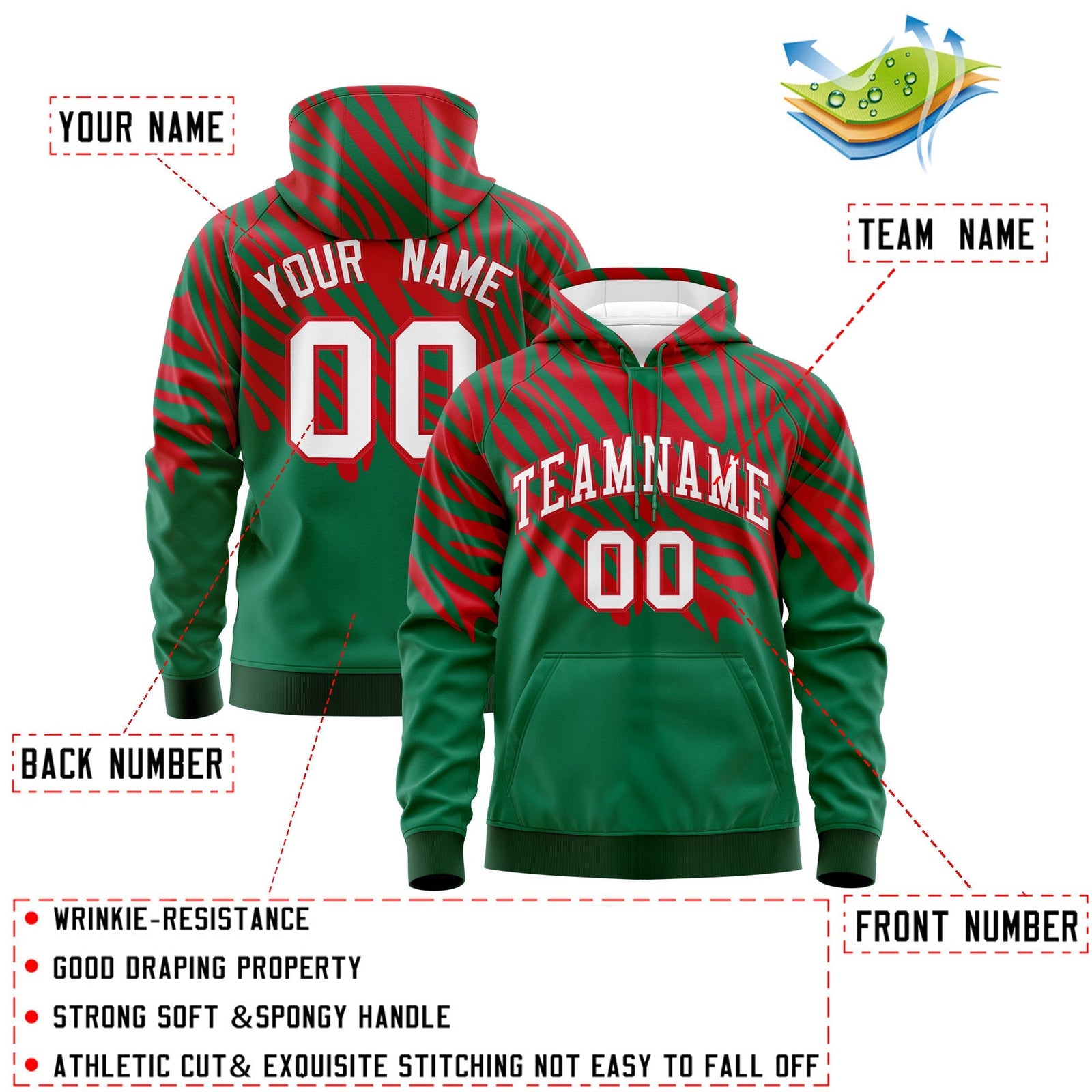 Custom Kelly Green Red Leopard Print Pullover Sweatshirt Hoodie| KXKSHOP