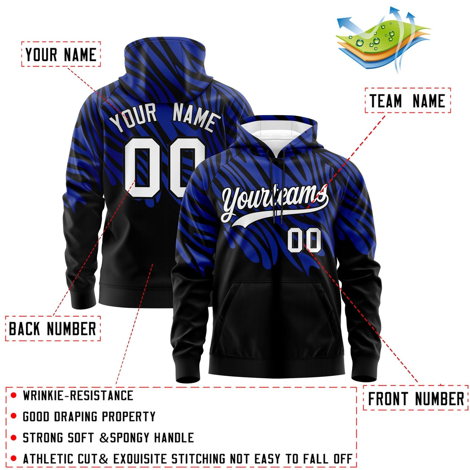 Custom Royal Blue Black Leopard Print Pullover Sweatshirt Hoodie| KXKSHOP