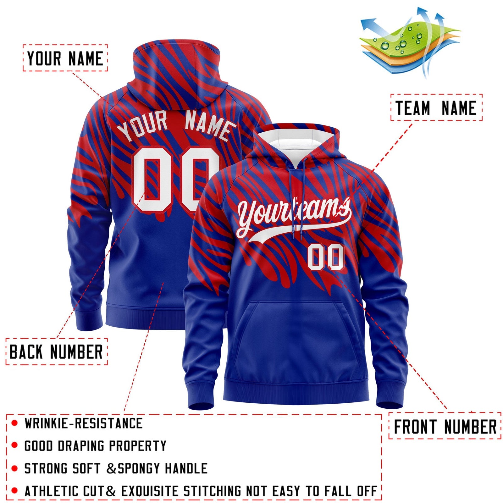 Custom Royal Blue Red Leopard Print Pullover Sweatshirt Hoodie| KXKSHOP