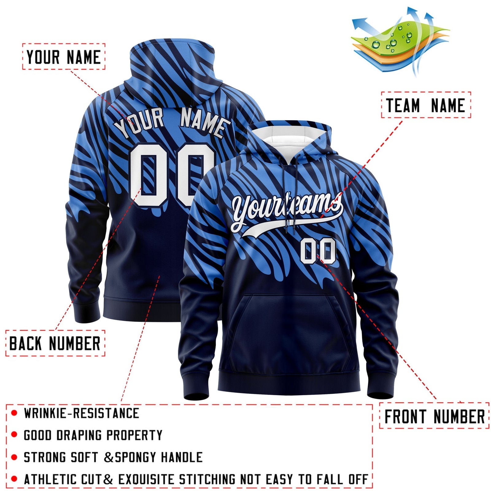 Custom Powder Blue Navy Leopard Print Pullover Sweatshirt Hoodie| KXKSHOP