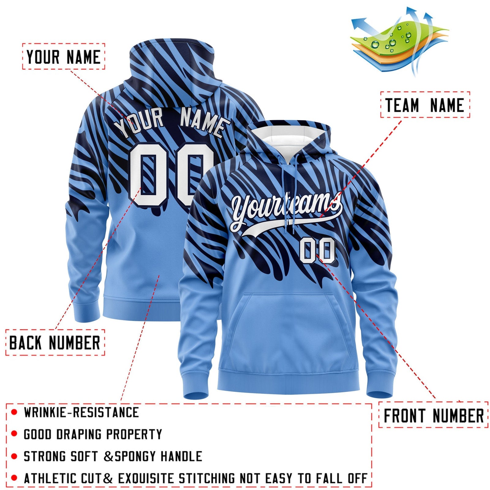 Custom Navy Light Blue Leopard Print Pullover Sweatshirt Hoodie| KXKSHOP