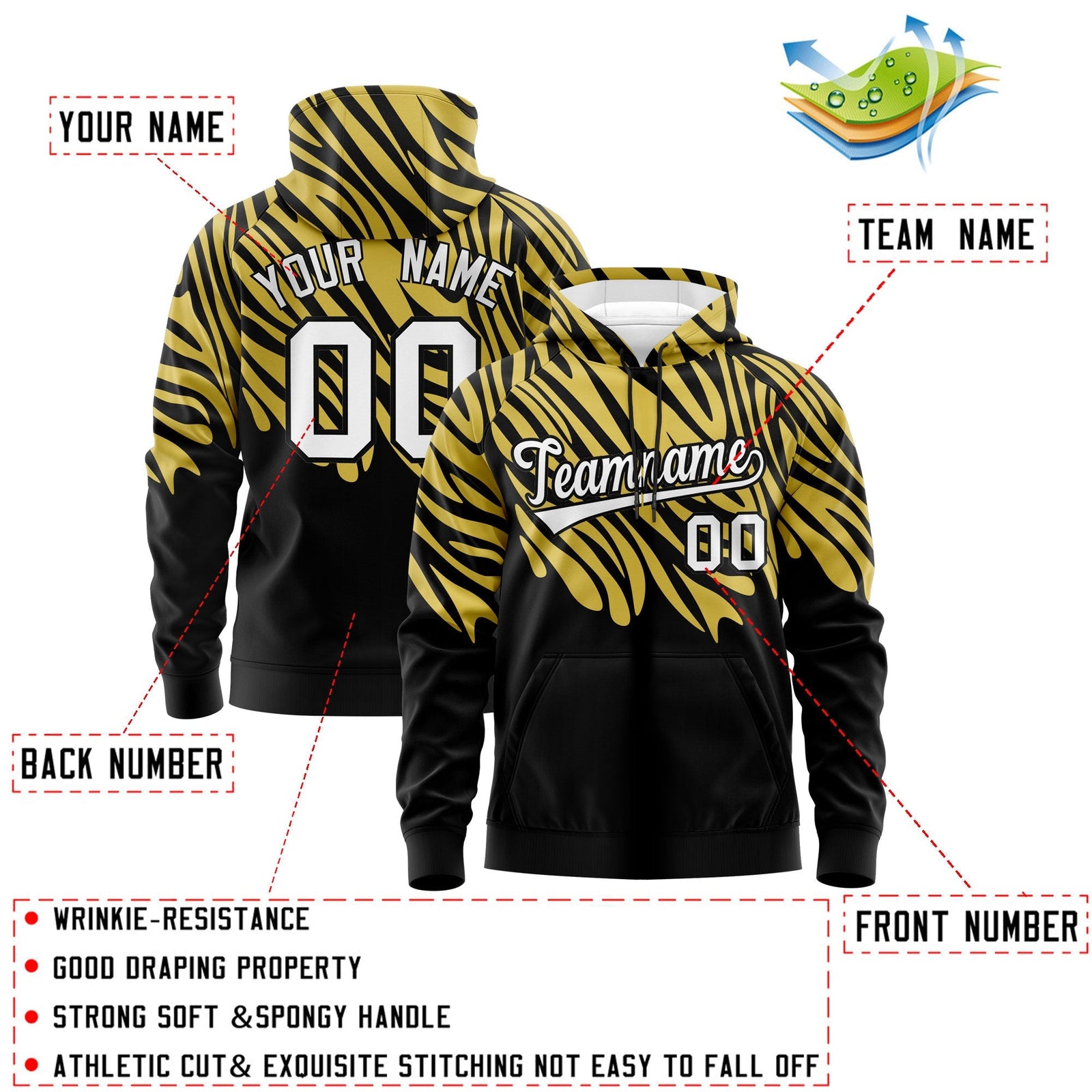 Custom Black Old Gold White Leopard Print Pullover Sweatshirt Hoodie| KXKSHOP