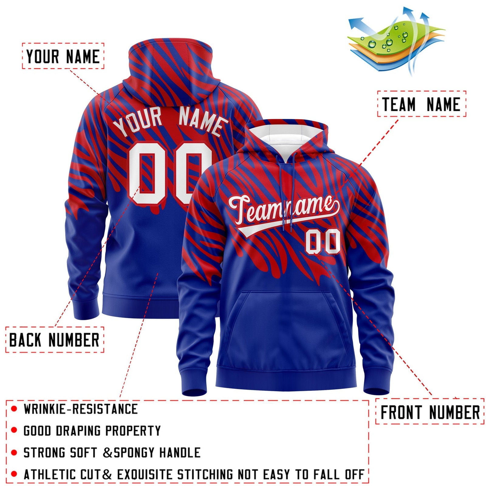 Custom Royal Blue Red Leopard Print Pullover Sweatshirt Hoodie| KXKSHOP