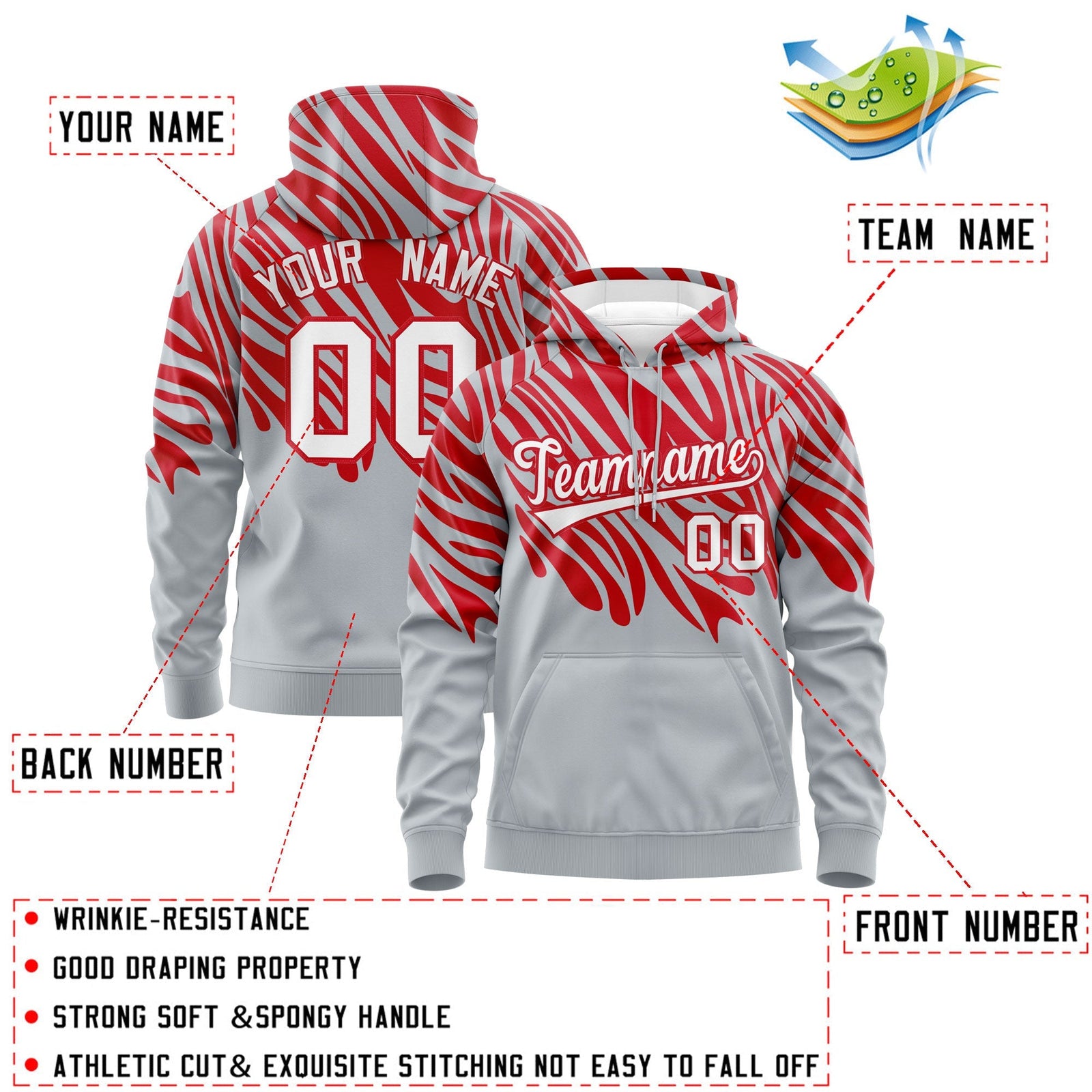 Custom Red Silver Leopard Print Pullover Sweatshirt Hoodie| KXKSHOP