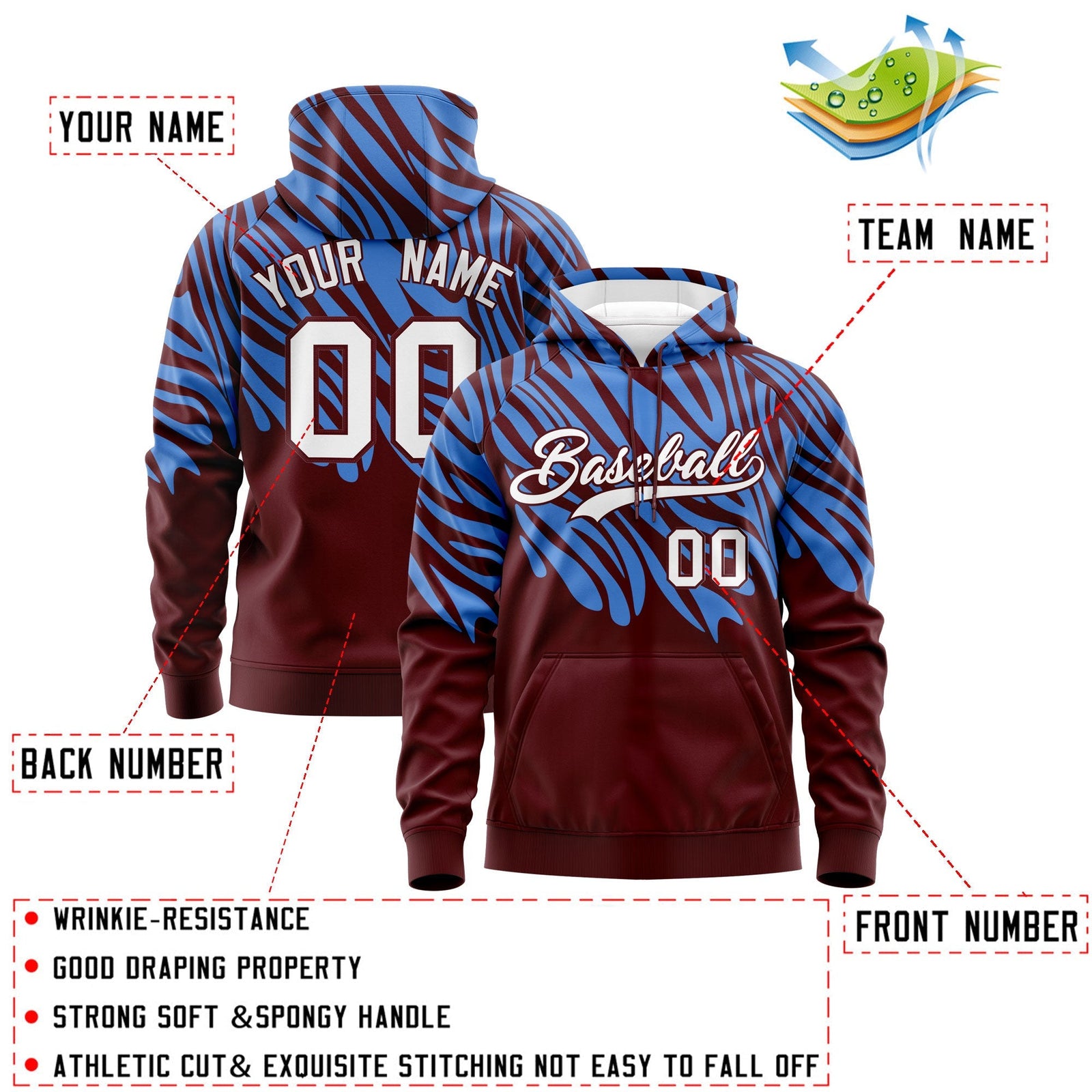 Custom Powder Blue Crimson Leopard Print Pullover Sweatshirt Hoodie| KXKSHOP
