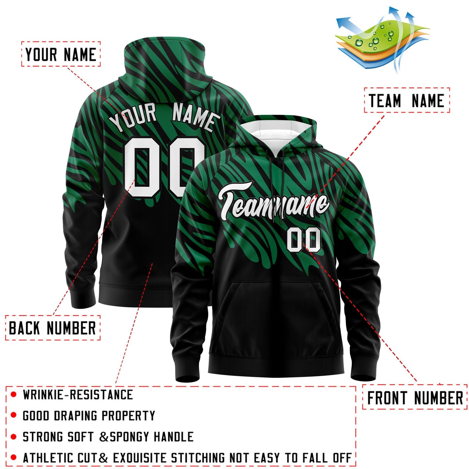 Custom Kelly Green Black White Leopard Print Pullover Sweatshirt Hoodie| KXKSHOP