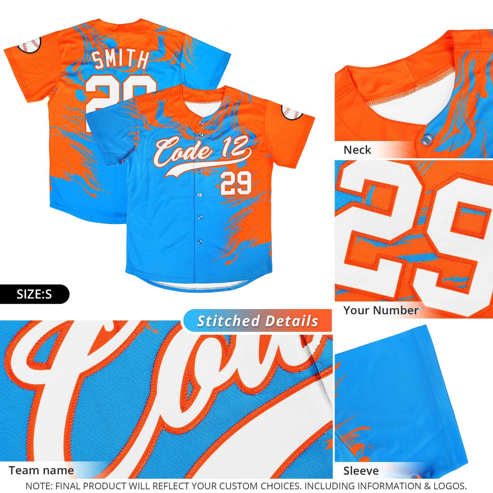 Custom Powder Blue Orange Personalized Ink Pattern Authentic Baseball Jersey