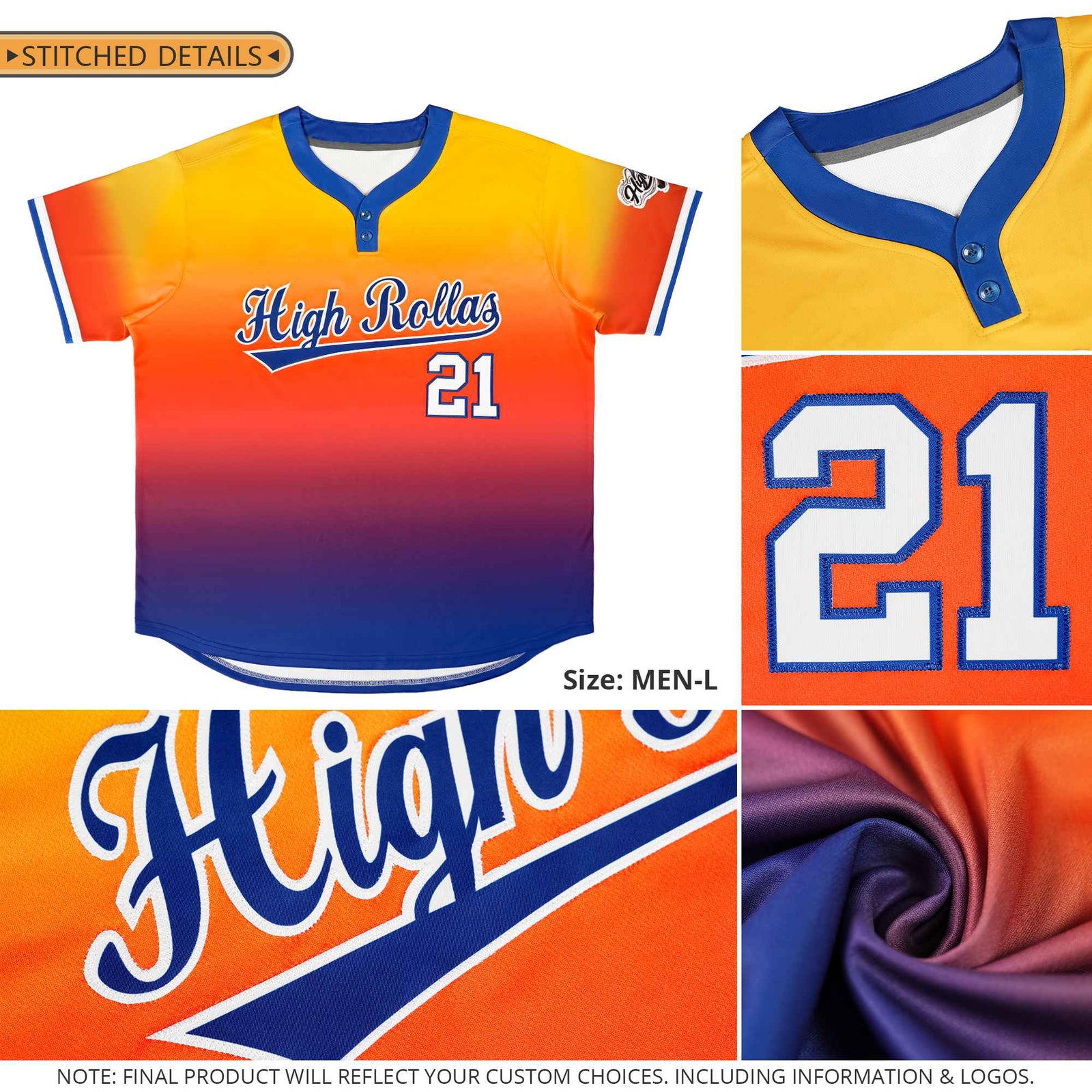 Custom Gold Orange Royal-White Gradient Fashion Authentic Two-Button Softball Jersey