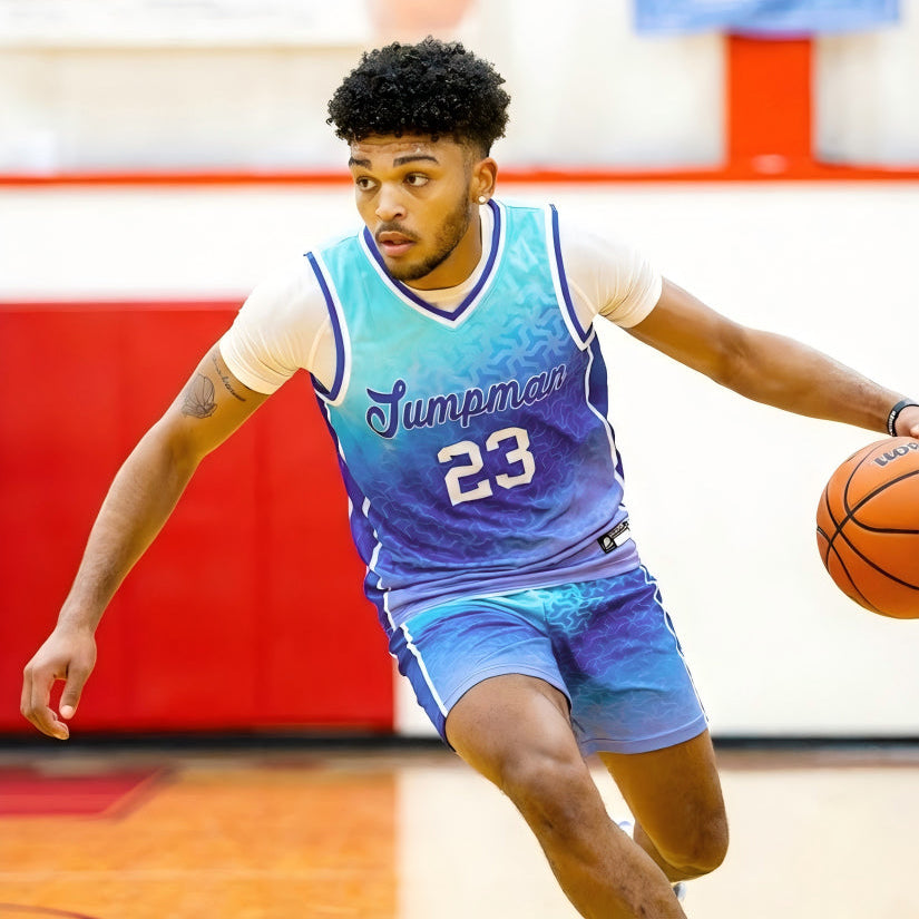 Custom Sky Blue Light Purple Gradient Design Irregular Shapes Pattern Sports Uniform Basketball Jersey