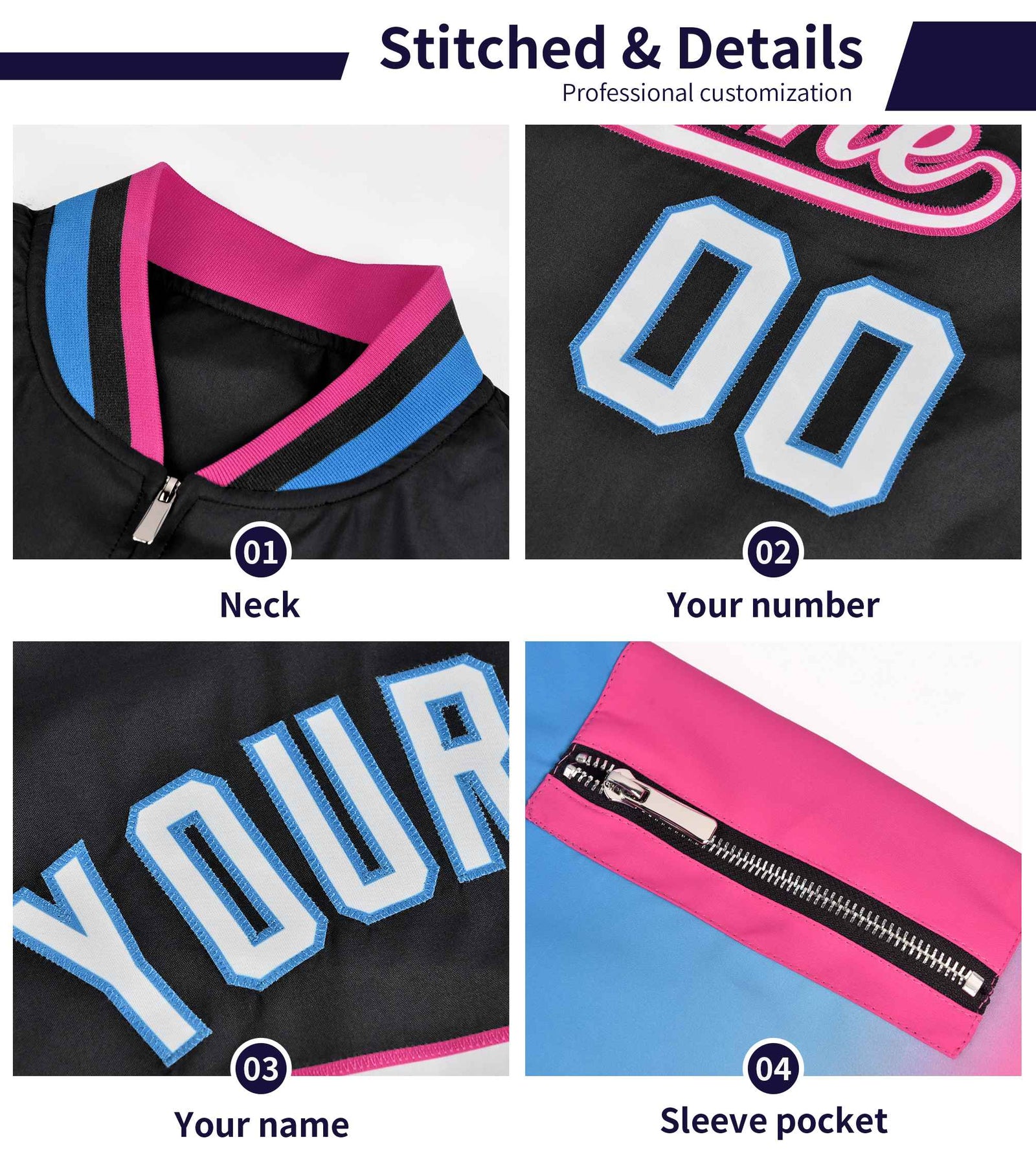 Custom White Pink-Purple Gaglan Sleeve Gradient Varsity Full-Zip Letterman Bomber Jacket
