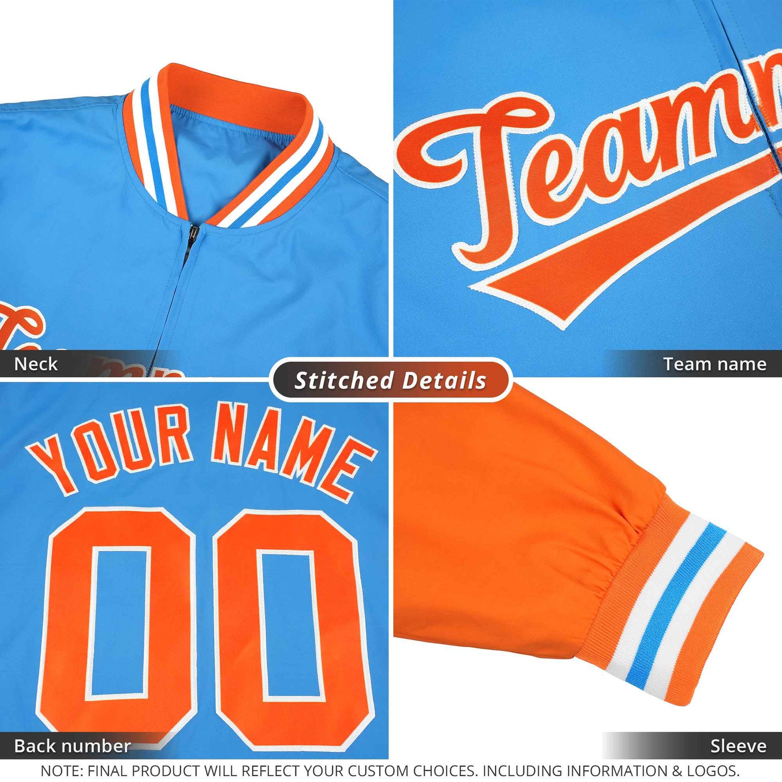 Custom Orange White Varsity Full-Zip Raglan Sleeves Stripe Letterman Bomber Jacket