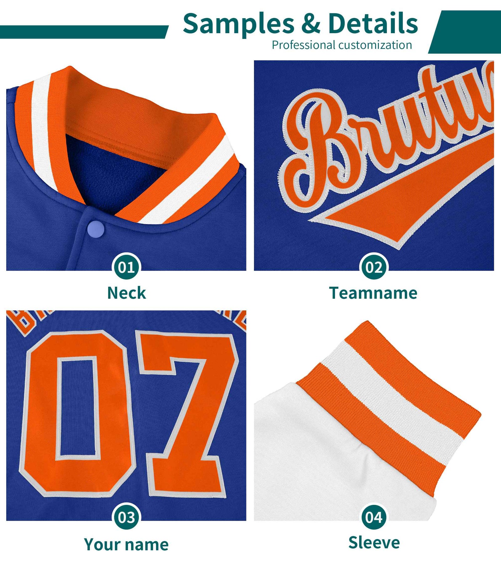 Custom Orange Royal-Orange Raglan Sleeves Varsity Full-Snap Letterman Jacket