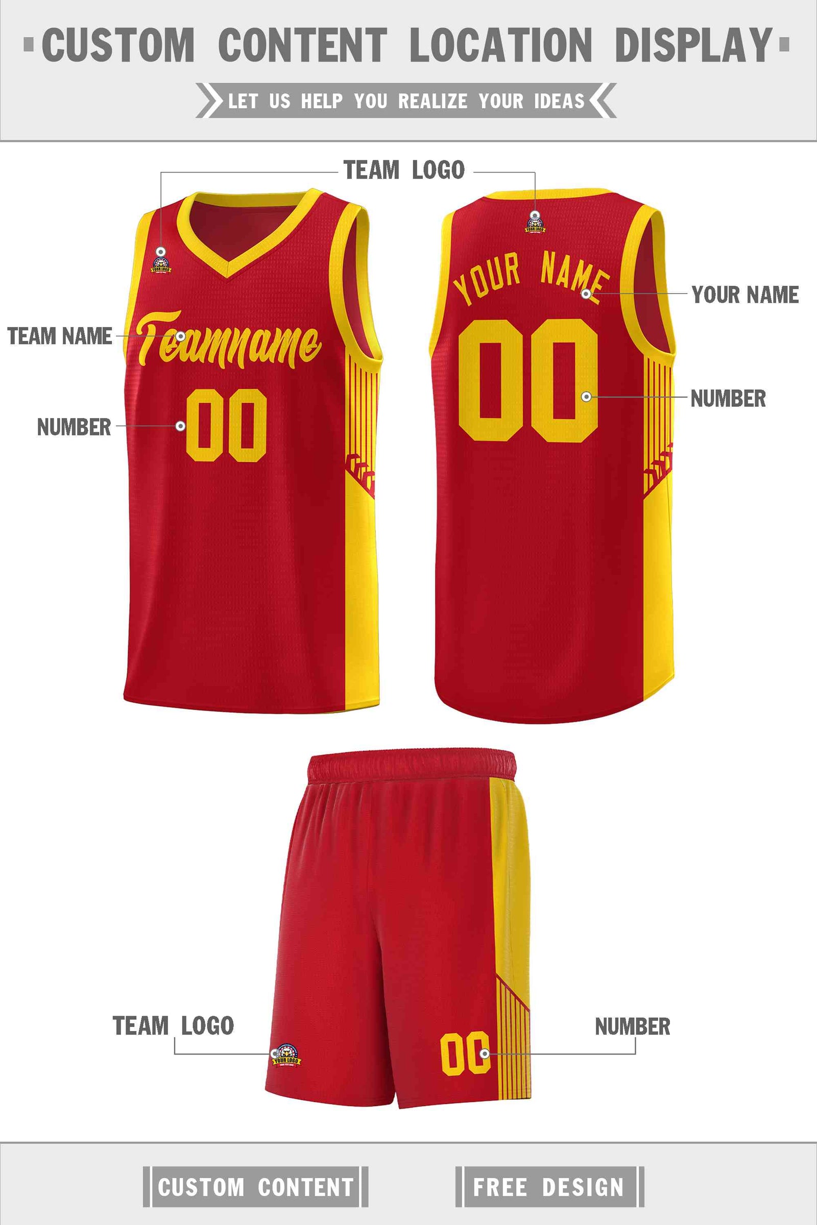 Custom Red Gold Side Stripe Fashion Sports Uniform Basketball Jersey