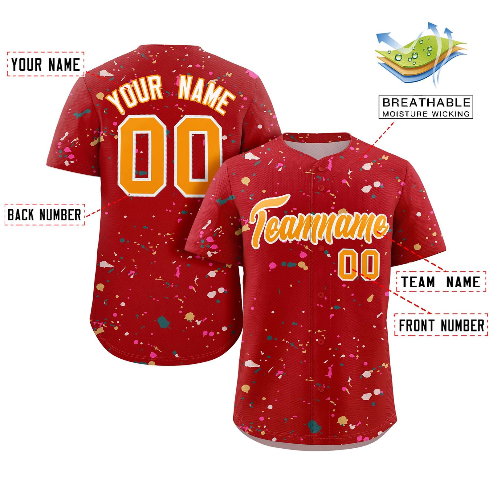 Custom Red Yellow-White Splash Graffiti Pattern Authentic Baseball Jersey