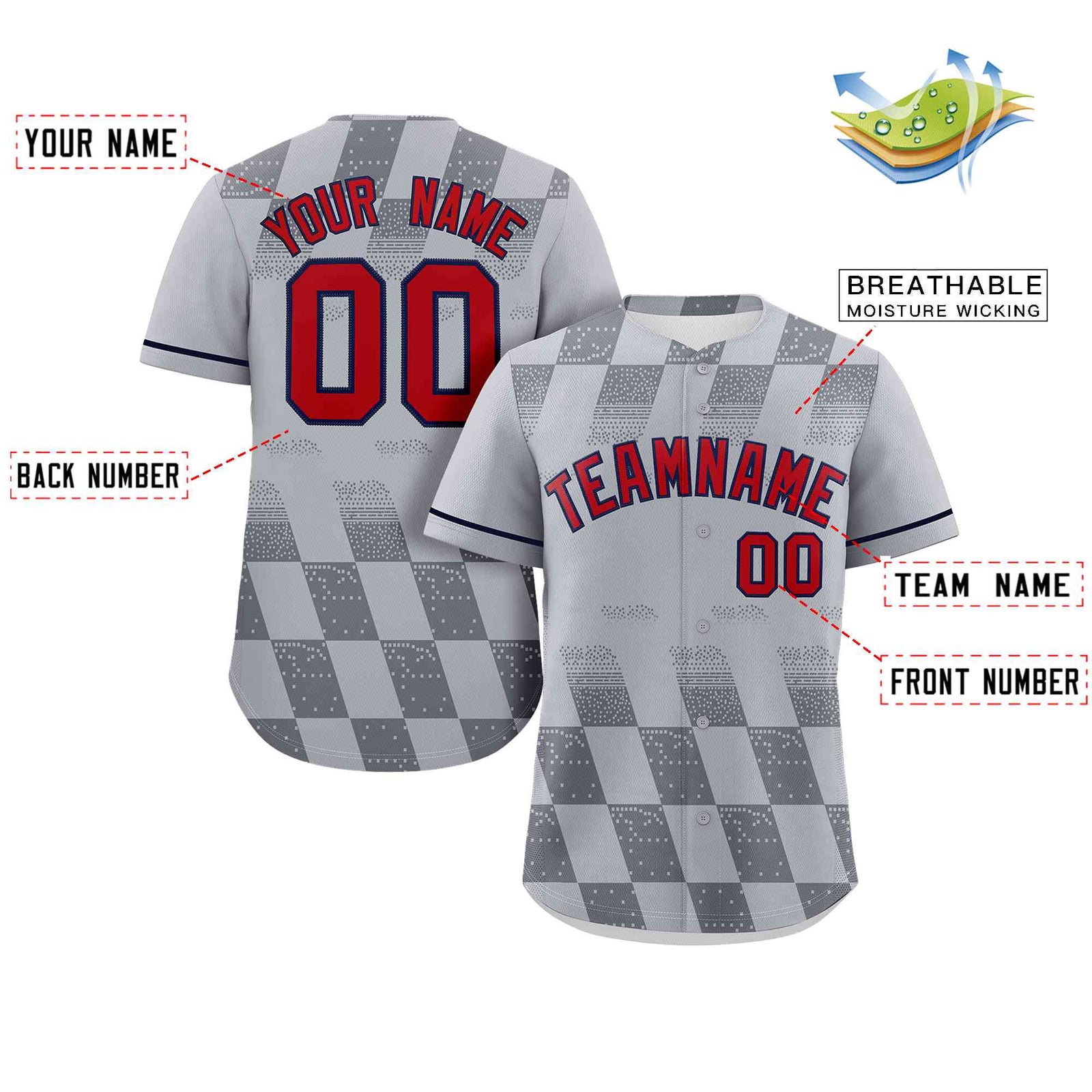 Custom Gray Red Grid Speckles Color Block Design Authentic Baseball Jersey