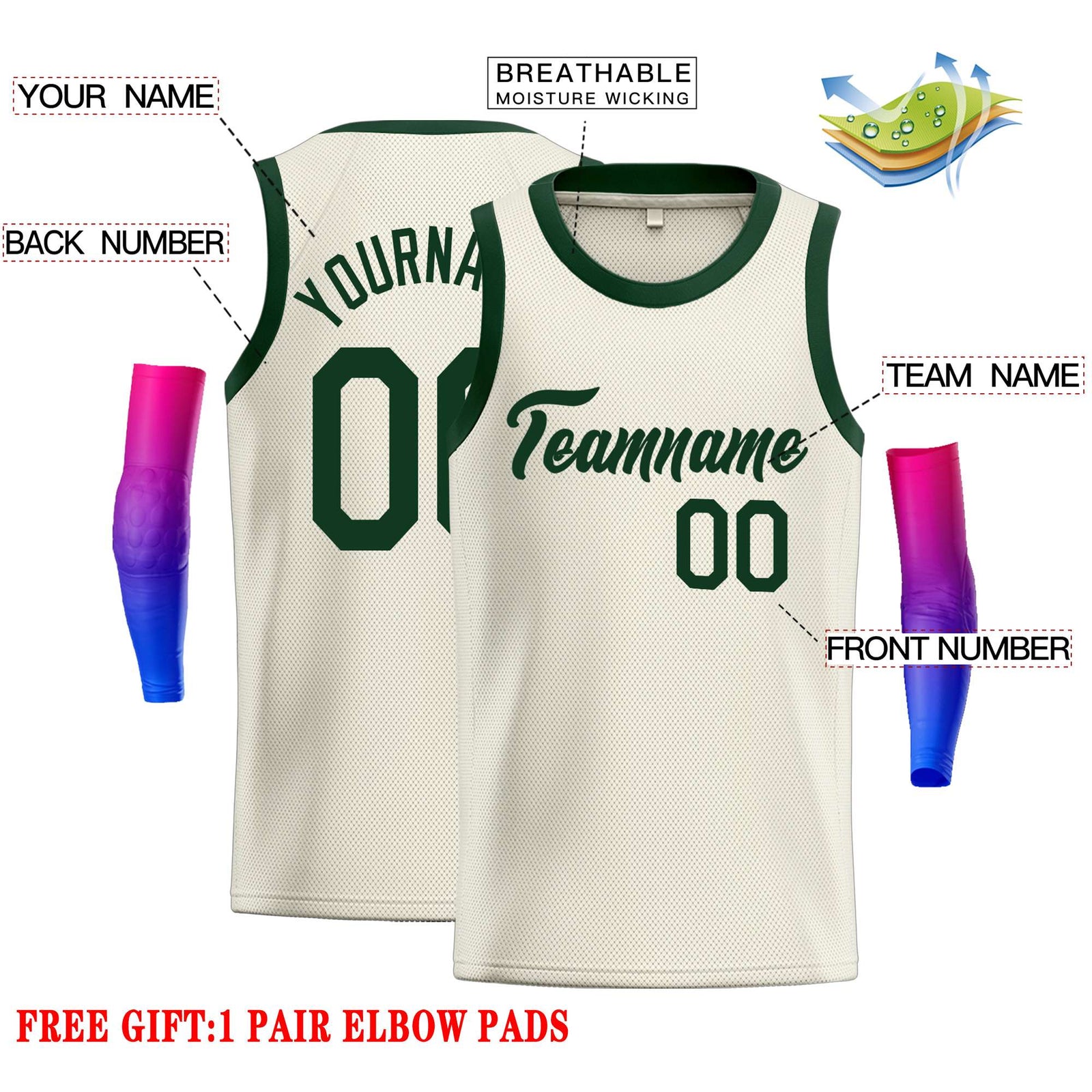 Custom Cream Green Classic Tops Casual Basketball Jersey