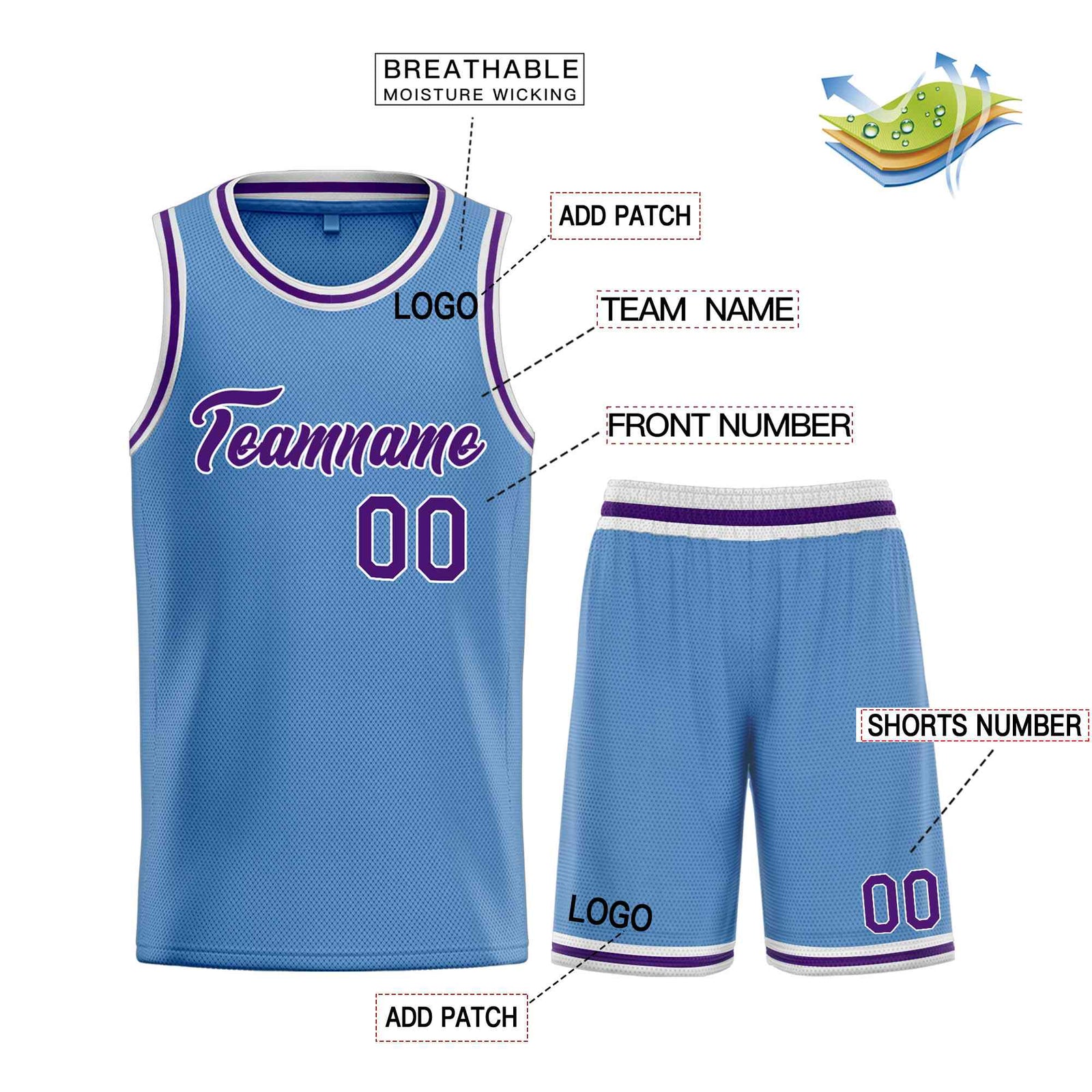 Custom Light Blue Purple-White Heal Sports Uniform Classic Sets Basketball Jersey