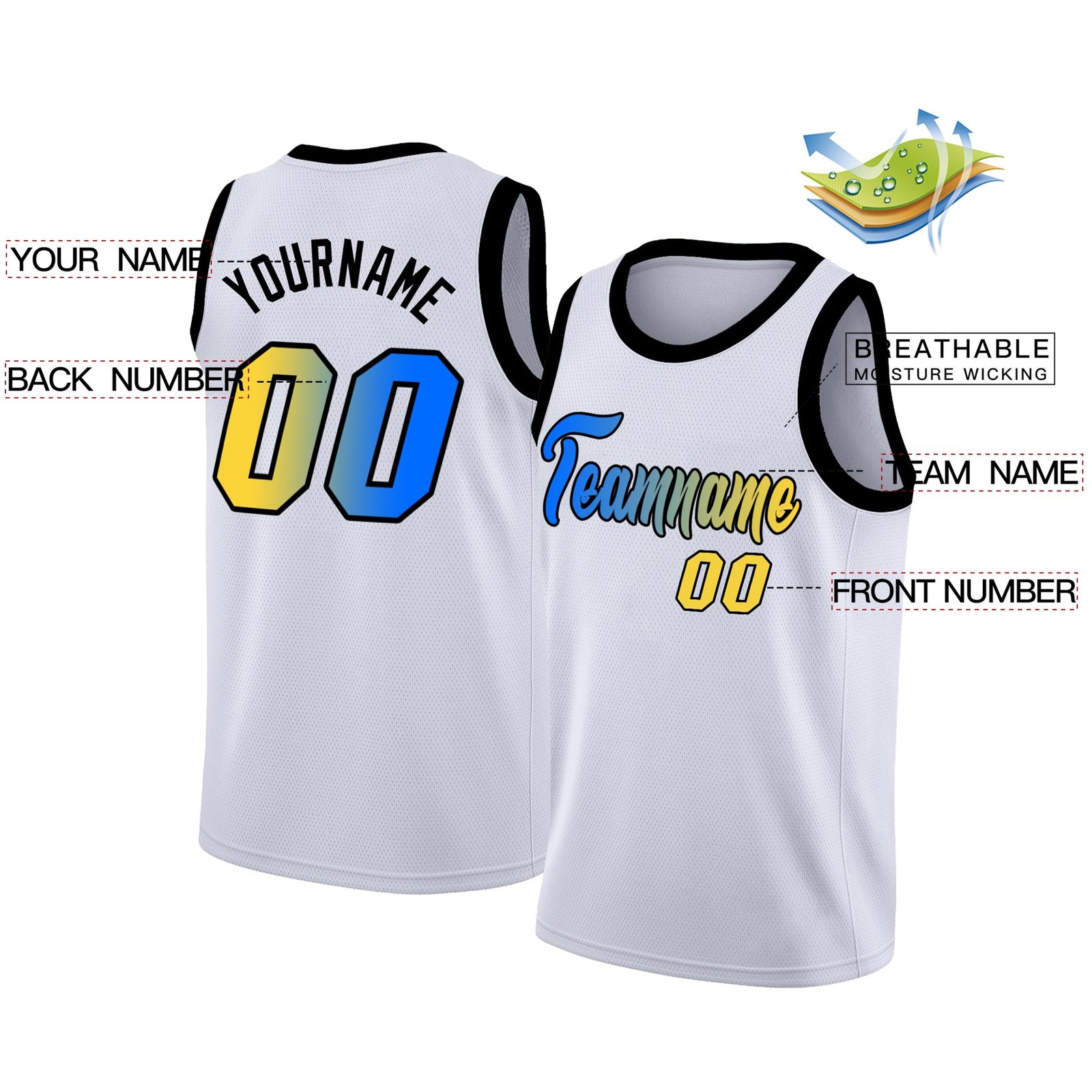 Custom White Blue-Yellow Black Gradient Fashion Tops Basketball Jersey