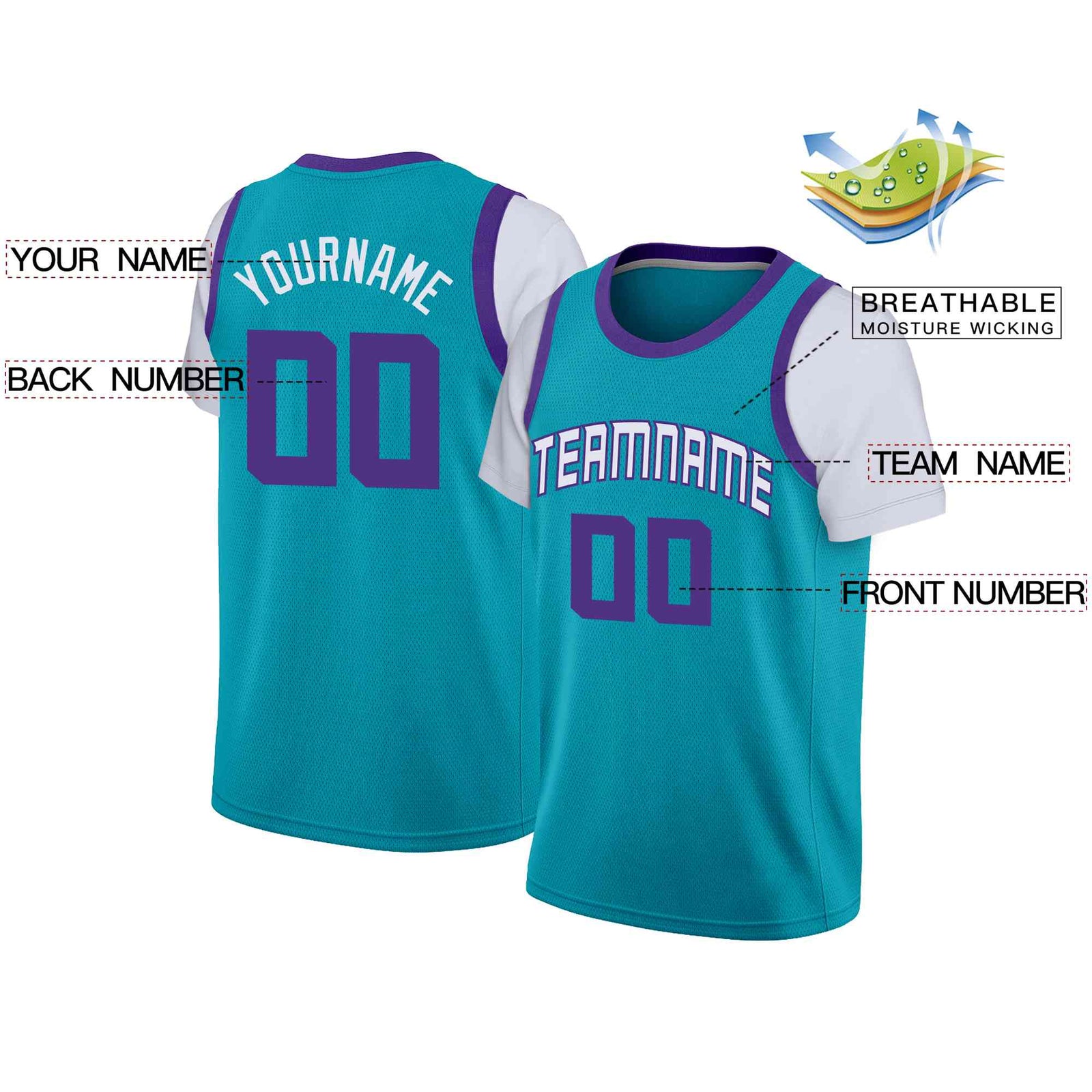 Custom Teal White-Purple Classic Tops Casual Fake Sleeve Basketball Jersey