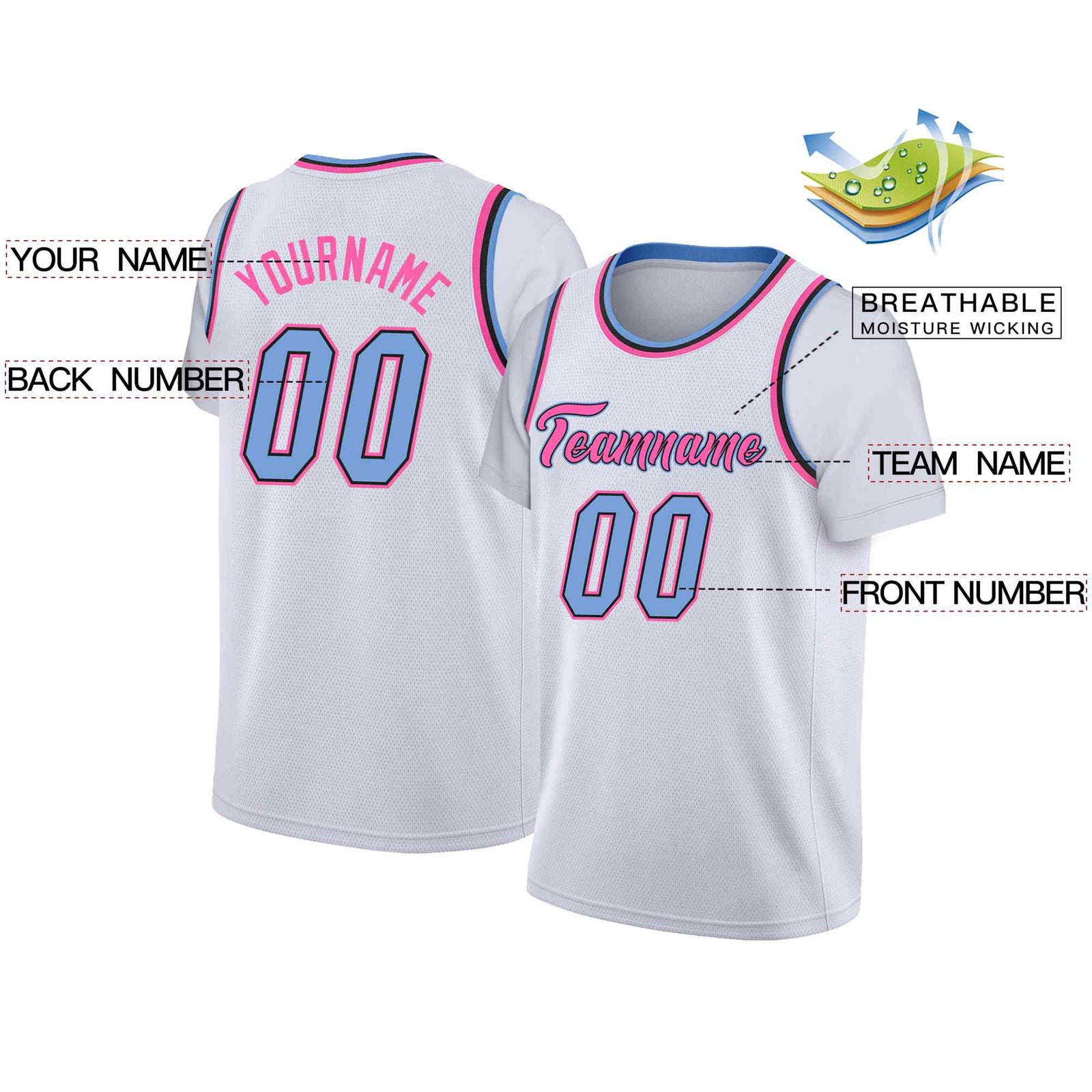 Custom White Pink-Light Blue Classic Tops Casual Fake Sleeve Basketball Jersey