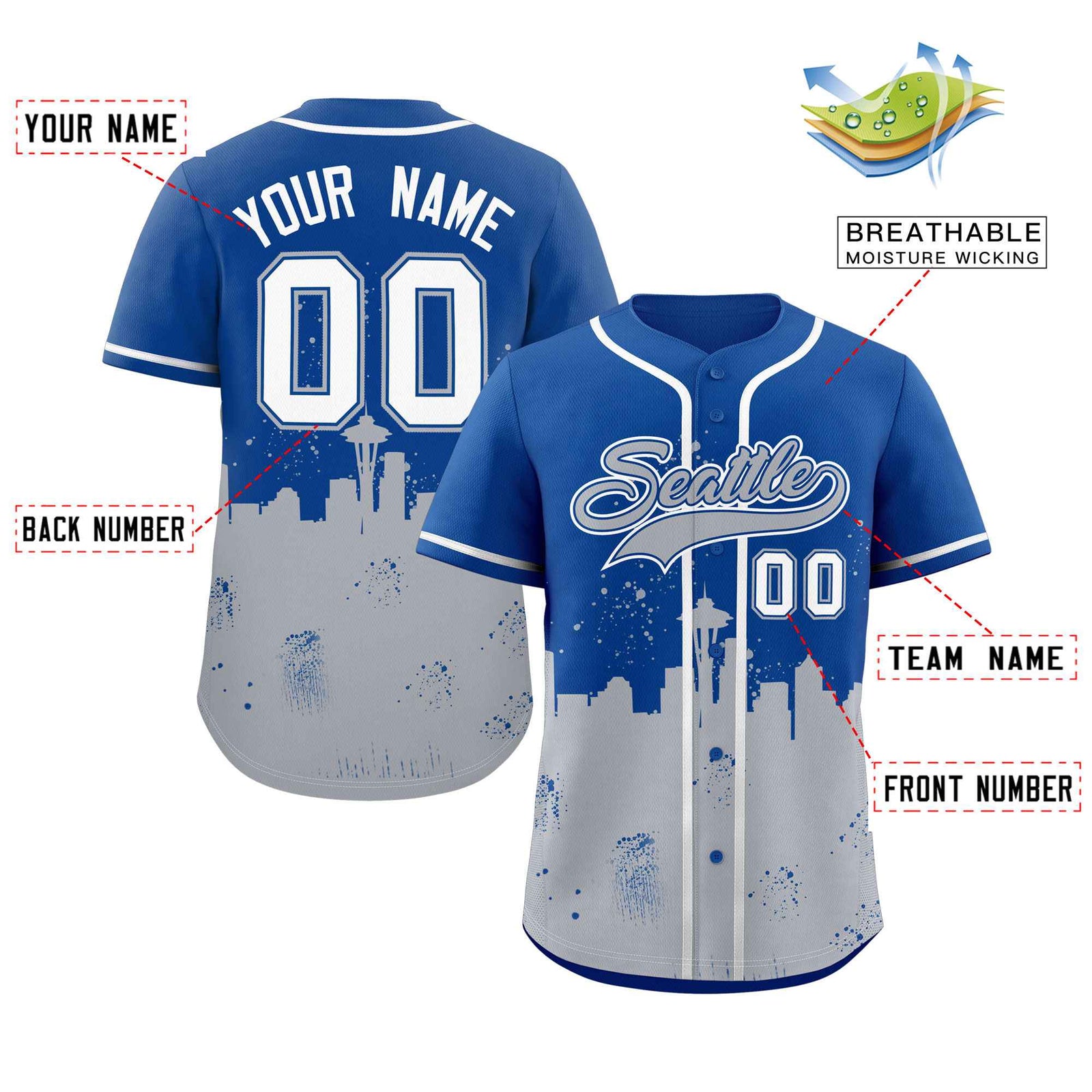 Custom Royal Gray Personalized Seattle City Nightscape Authentic Baseball Jersey