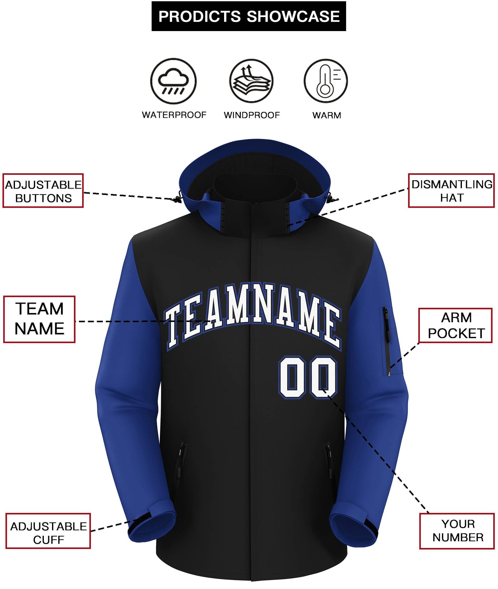 Custom Black Royal-White Raglan Sleeves Waterproof Jacket