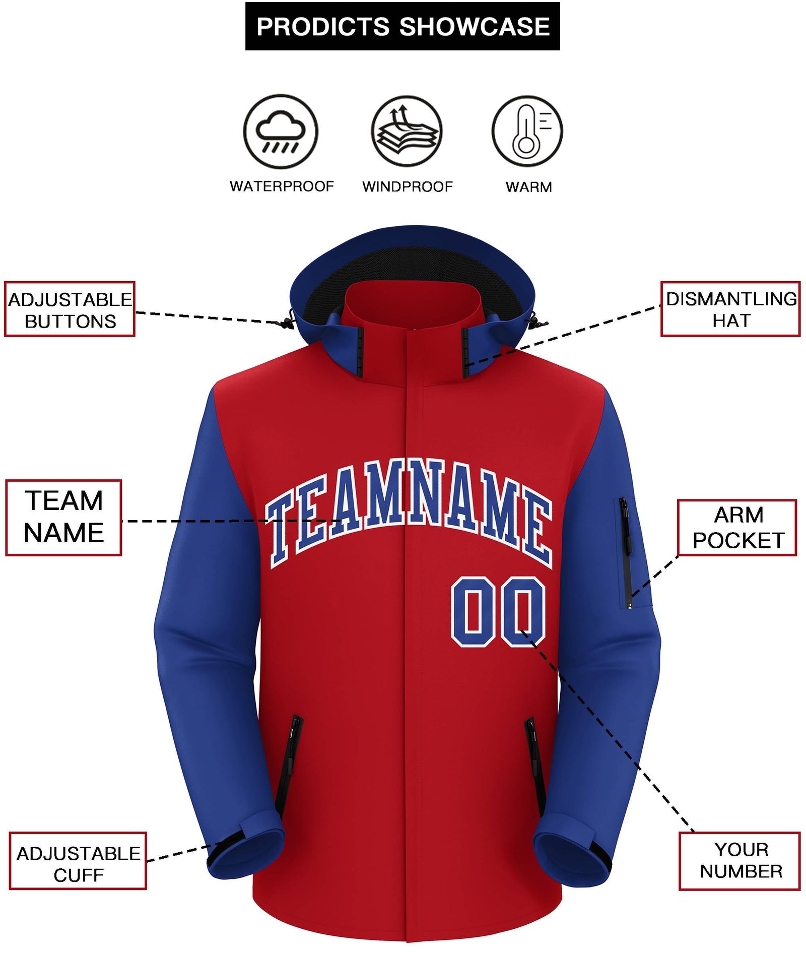 Custom Red Royal-White Raglan Sleeves Waterproof Jacket