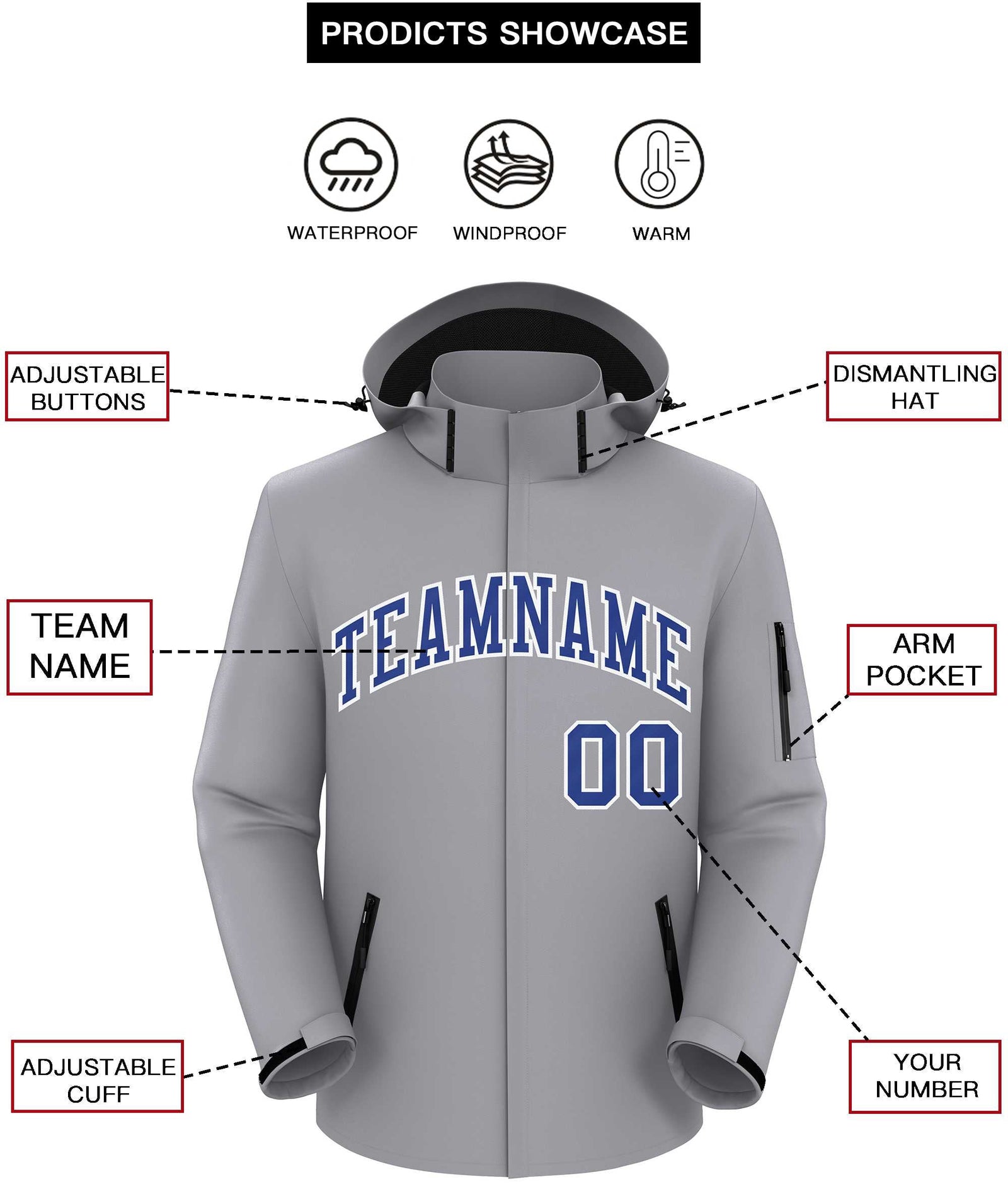 Custom Gray Royal-White Classic Style Waterproof Jacket