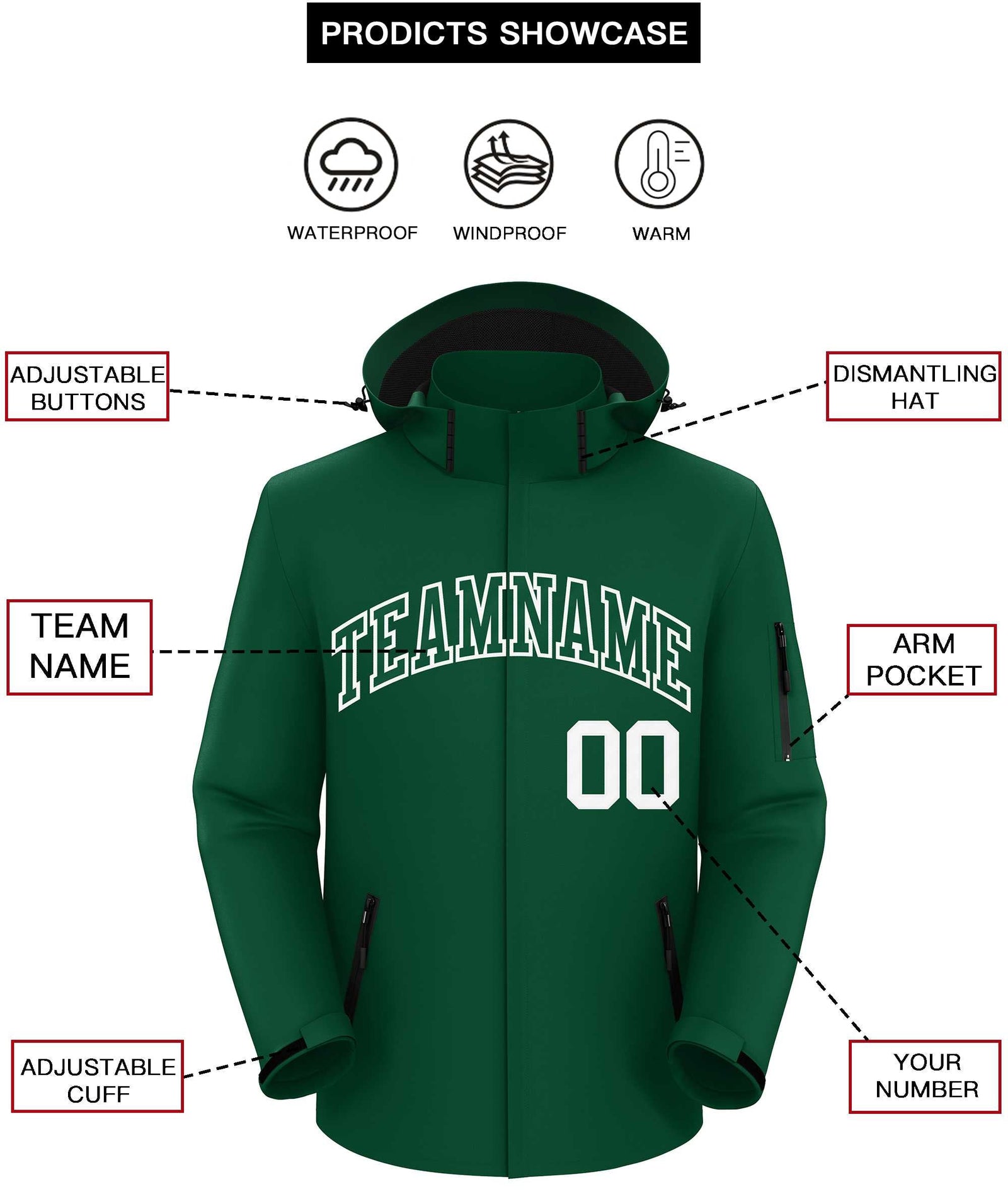 Custom Green Green-White Classic Style Waterproof Jacket