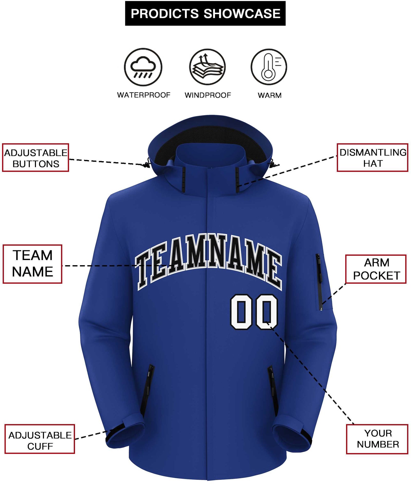 Custom Royal Black-White Classic Style Waterproof Jacket