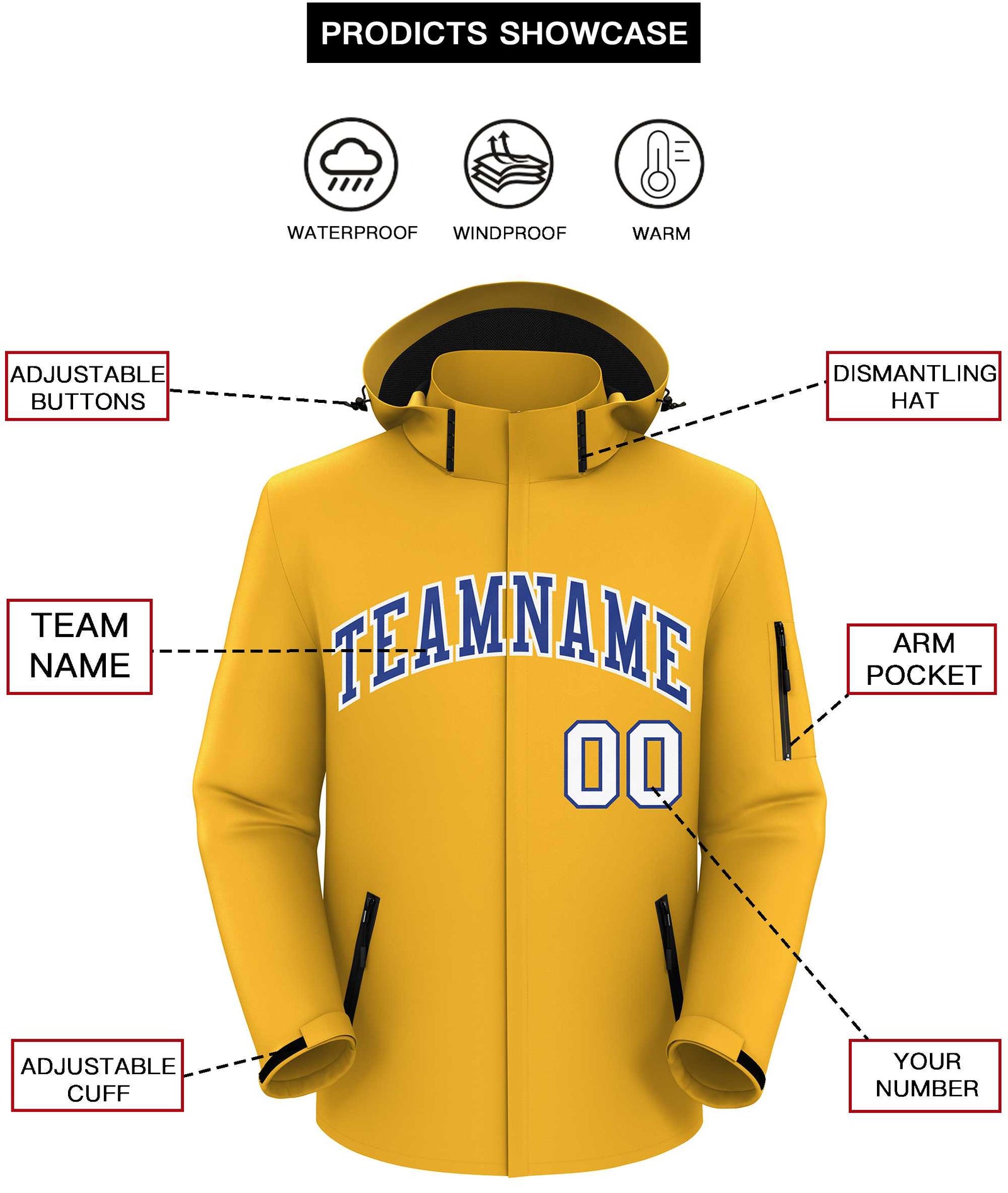 Custom Gold Royal-White Classic Style Waterproof Jacket