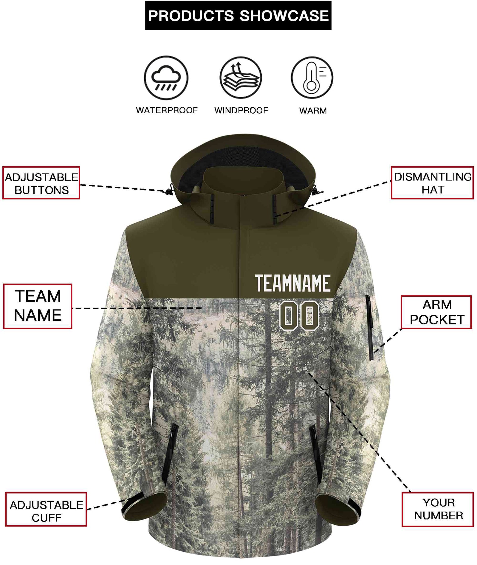 Custom Olive White Graffiti Pattern Personalized Outdoor Hooded Waterproof Jacket