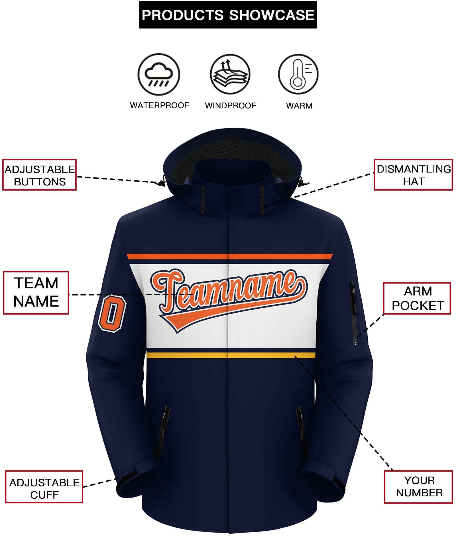 Custom Navy Orange-White Color Block Personalized Outdoor Hooded Waterproof Jacket
